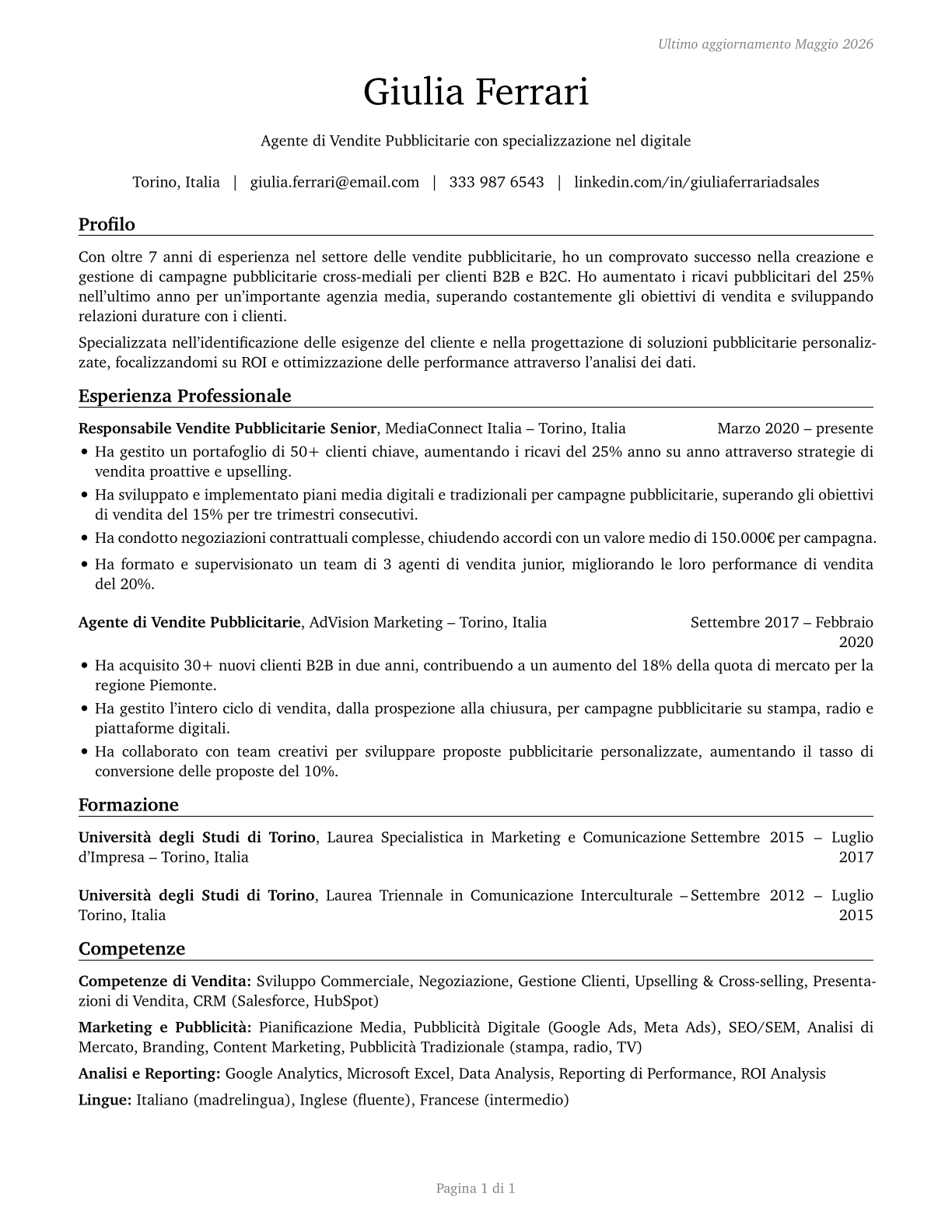 Advertising Sales Agents CV in Italian — page 1