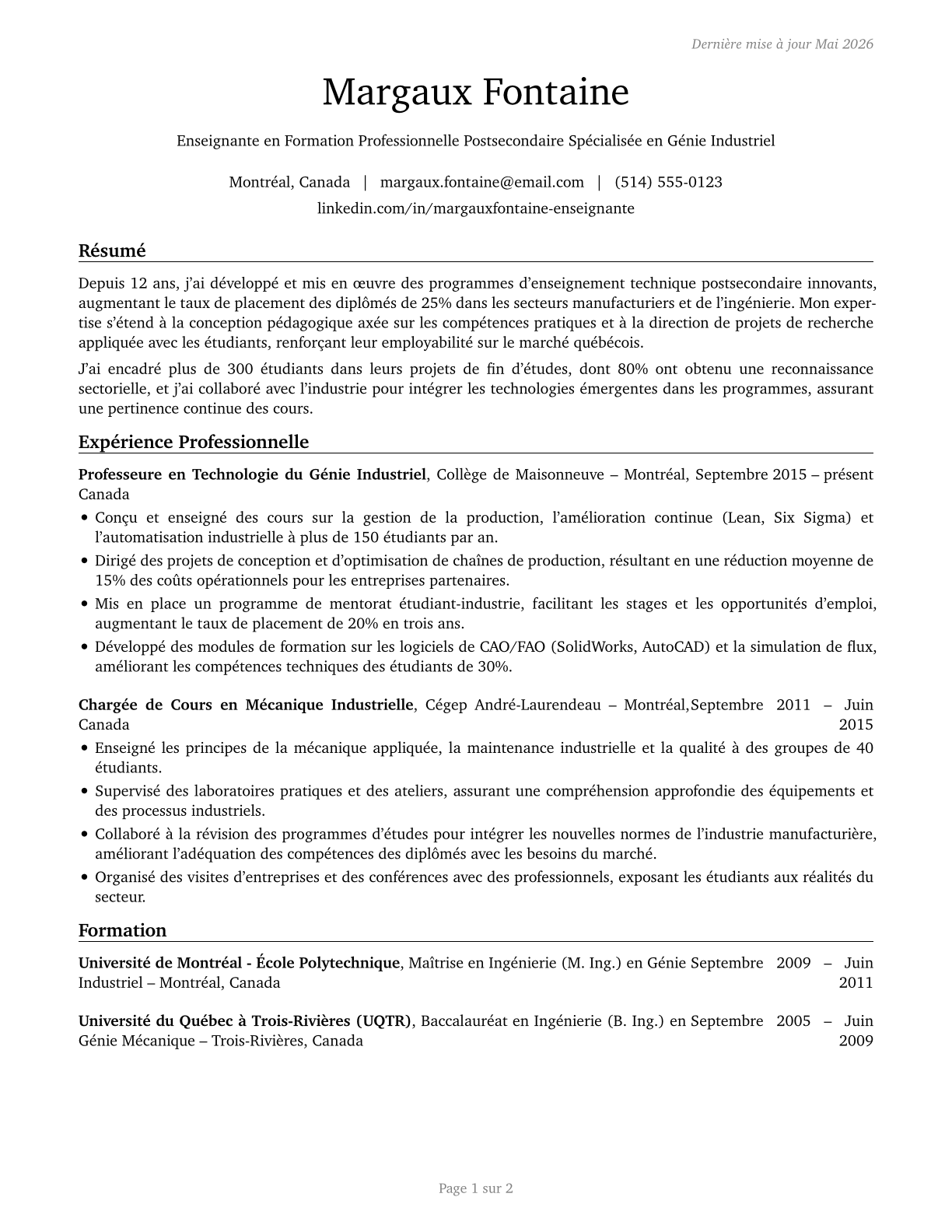 Career/Technical Education Teachers, Postsecondary CV in French — page 1