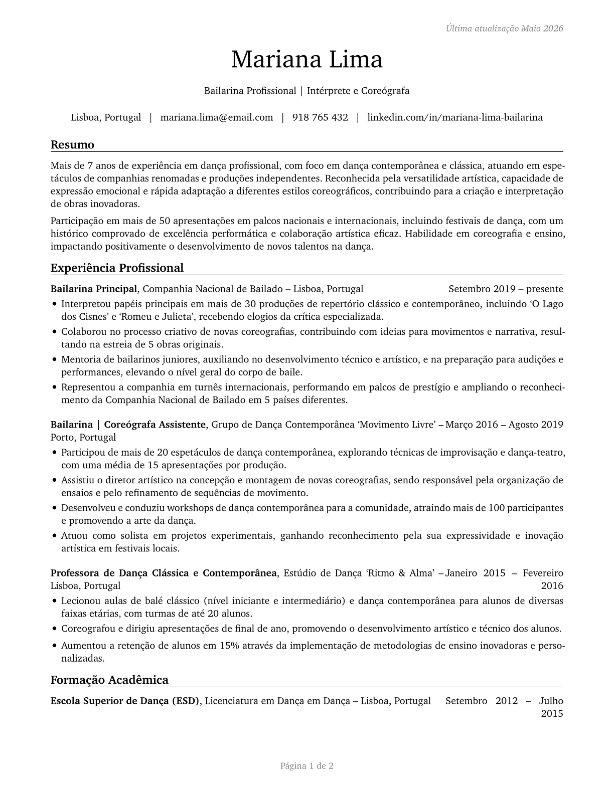 Dancers CV in Portuguese — page 1