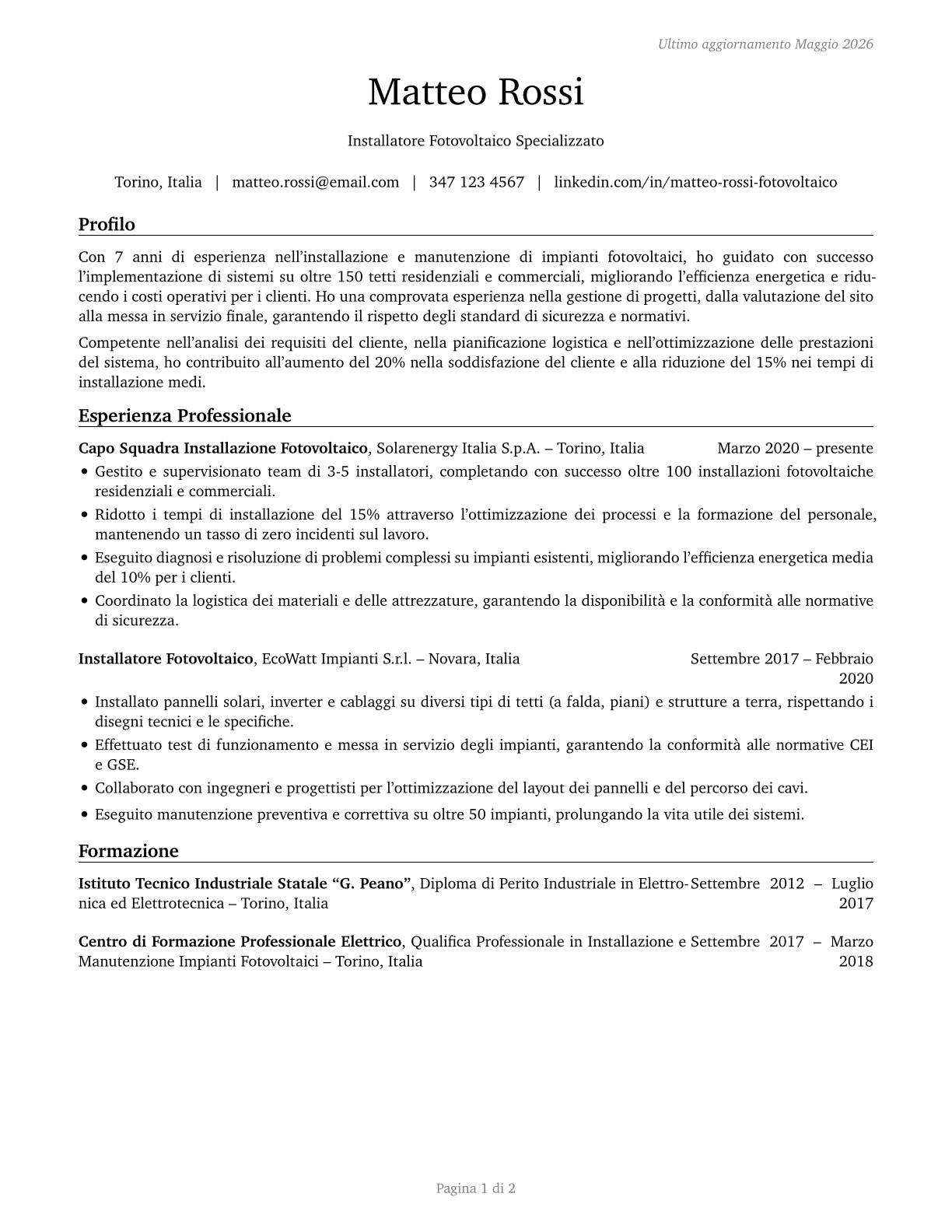Solar Photovoltaic Installers CV in Italian — page 1