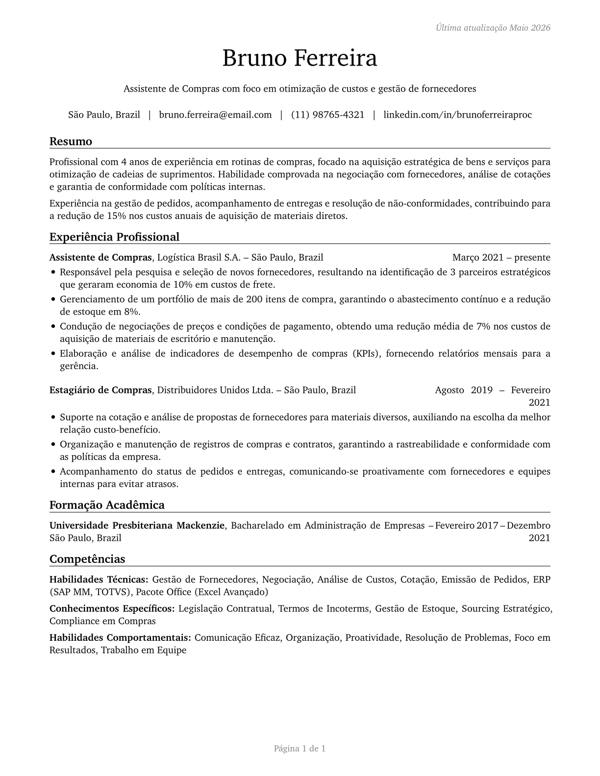 Procurement Clerks CV in Portuguese — page 1