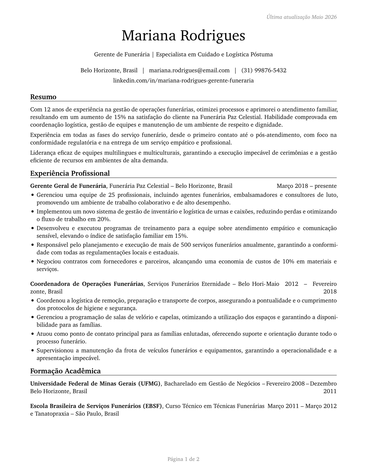 Funeral Home Managers CV in Portuguese — page 1