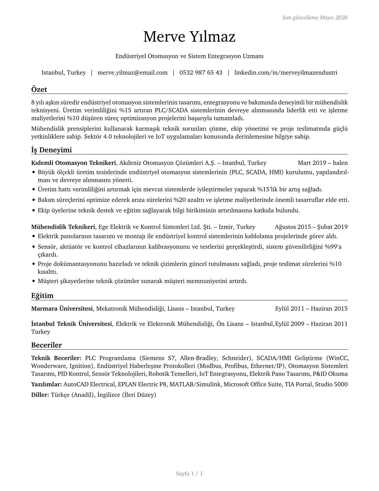 Engineering Technologists and Technicians, Except Drafters, All Other CV in Turkish — page 1