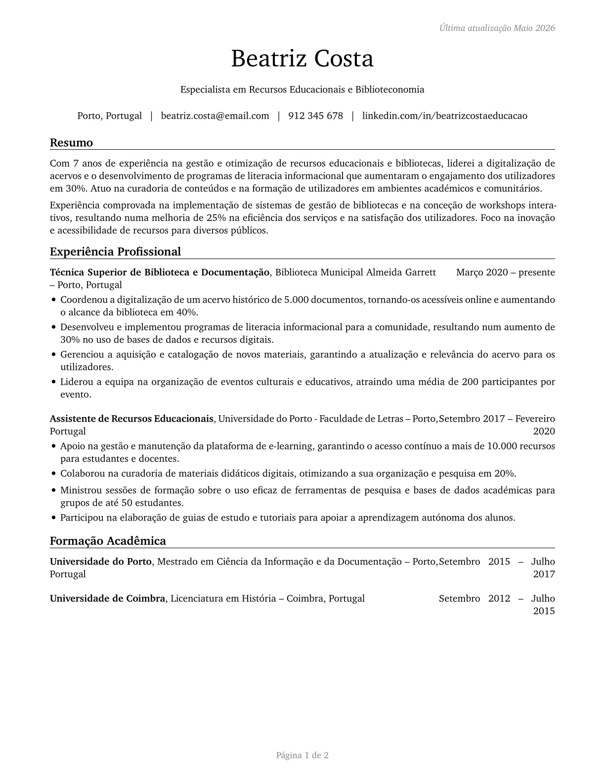 Educational Instruction and Library Workers, All Other CV in Portuguese — page 1
