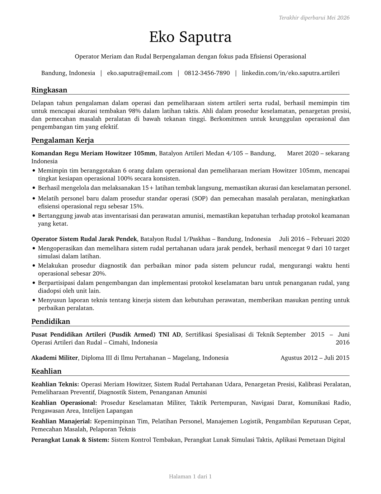 Artillery and Missile Crew Members CV in Indonesian — page 1