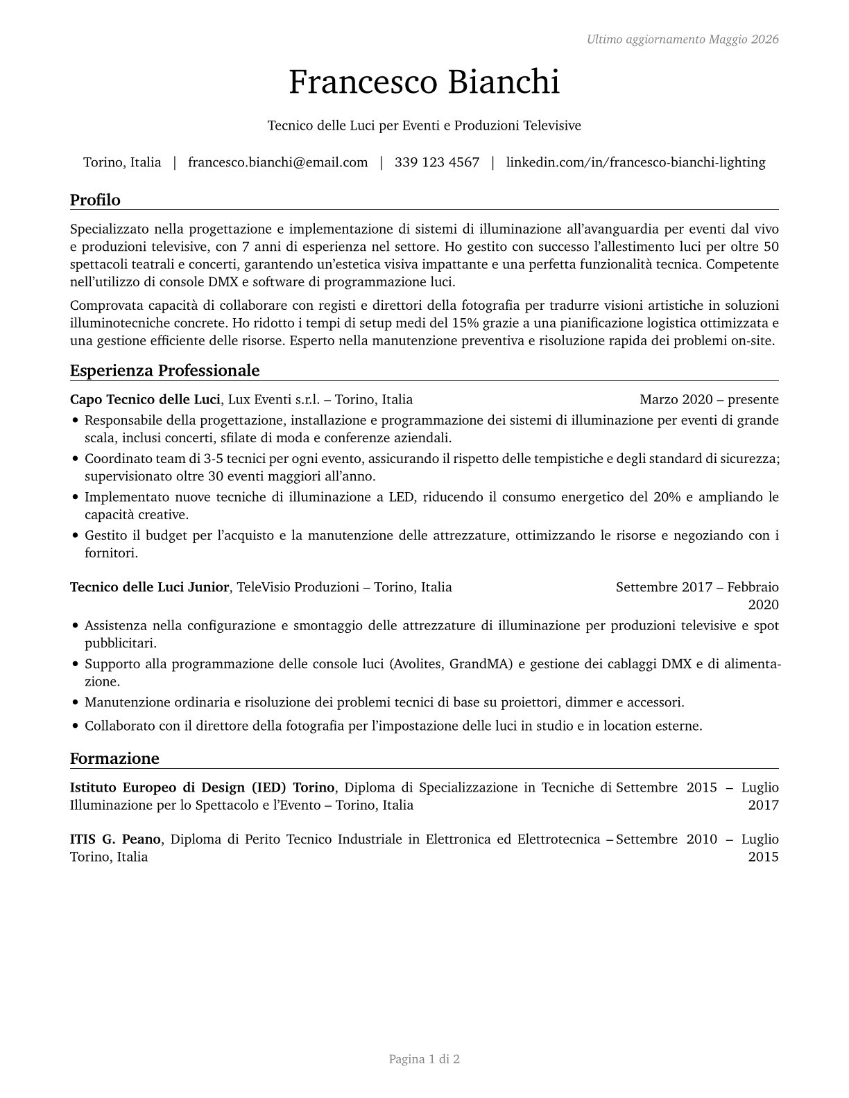 Lighting Technicians CV in Italian — page 1