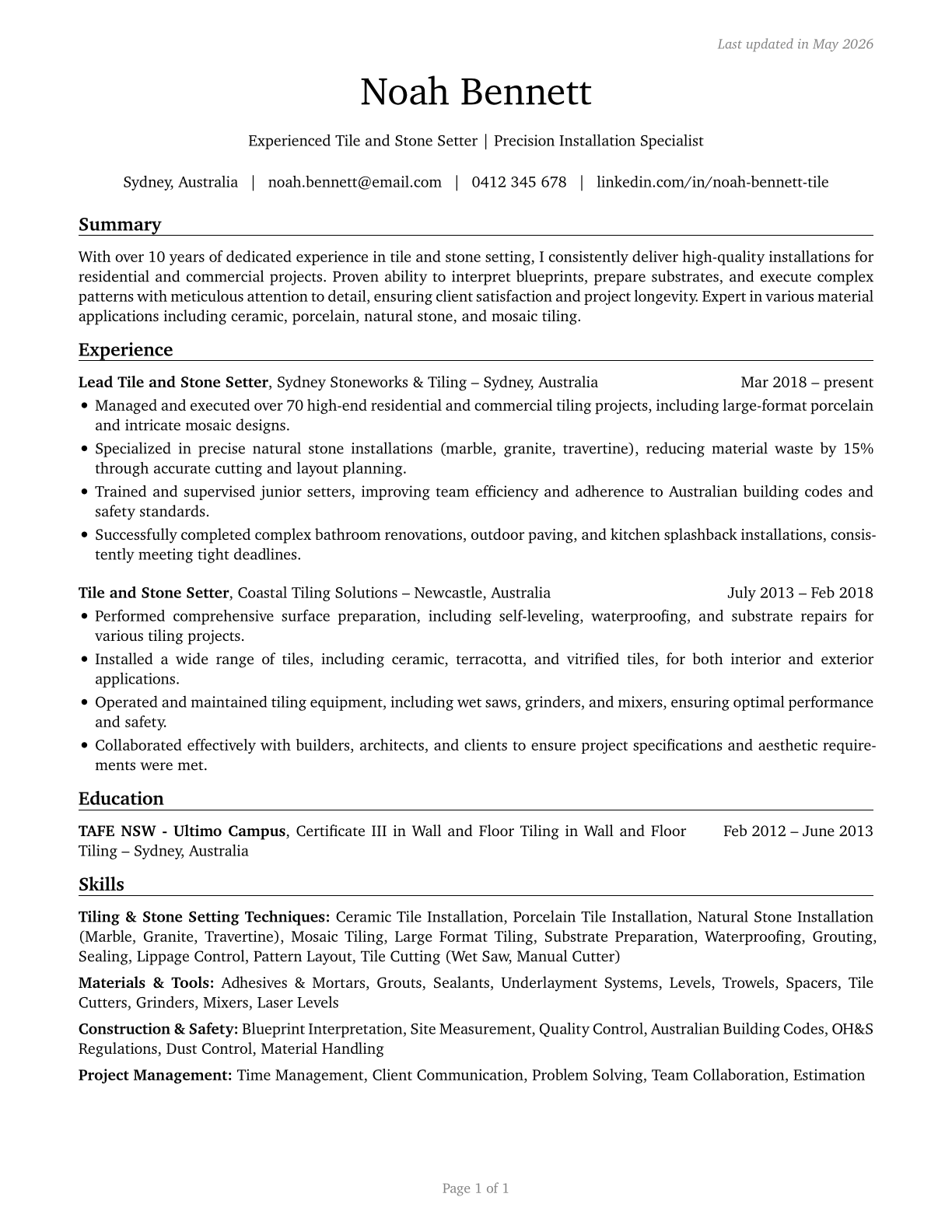 Tile and Stone Setters CV in English — page 1
