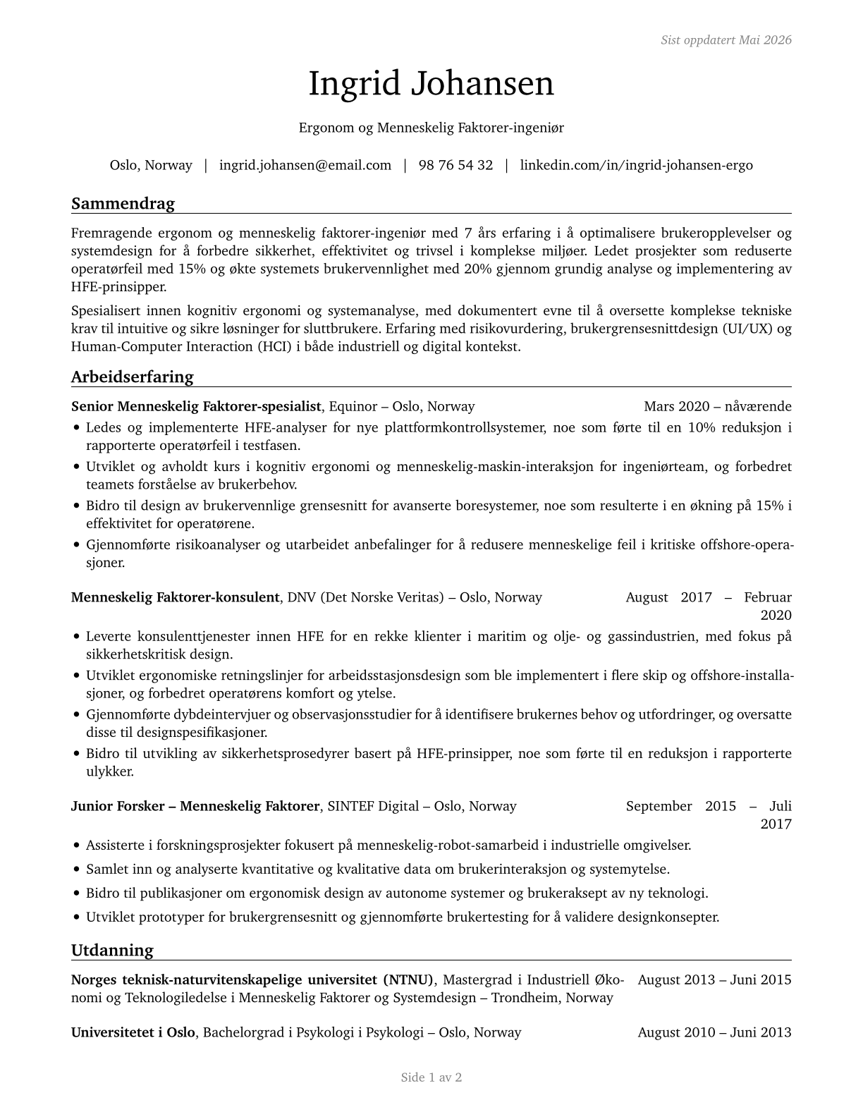 Human Factors Engineers and Ergonomists CV in Norwegian_bokmal — page 1