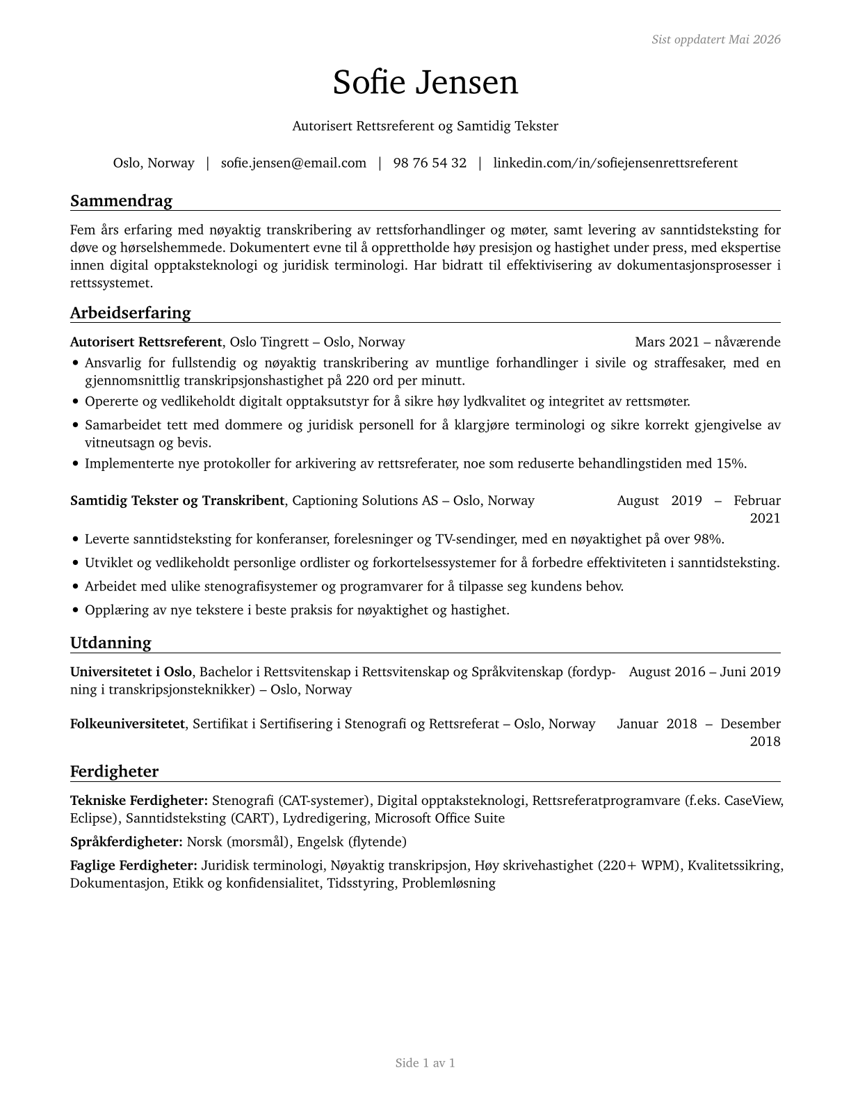 Court Reporters and Simultaneous Captioners CV in Norwegian_bokmal — page 1