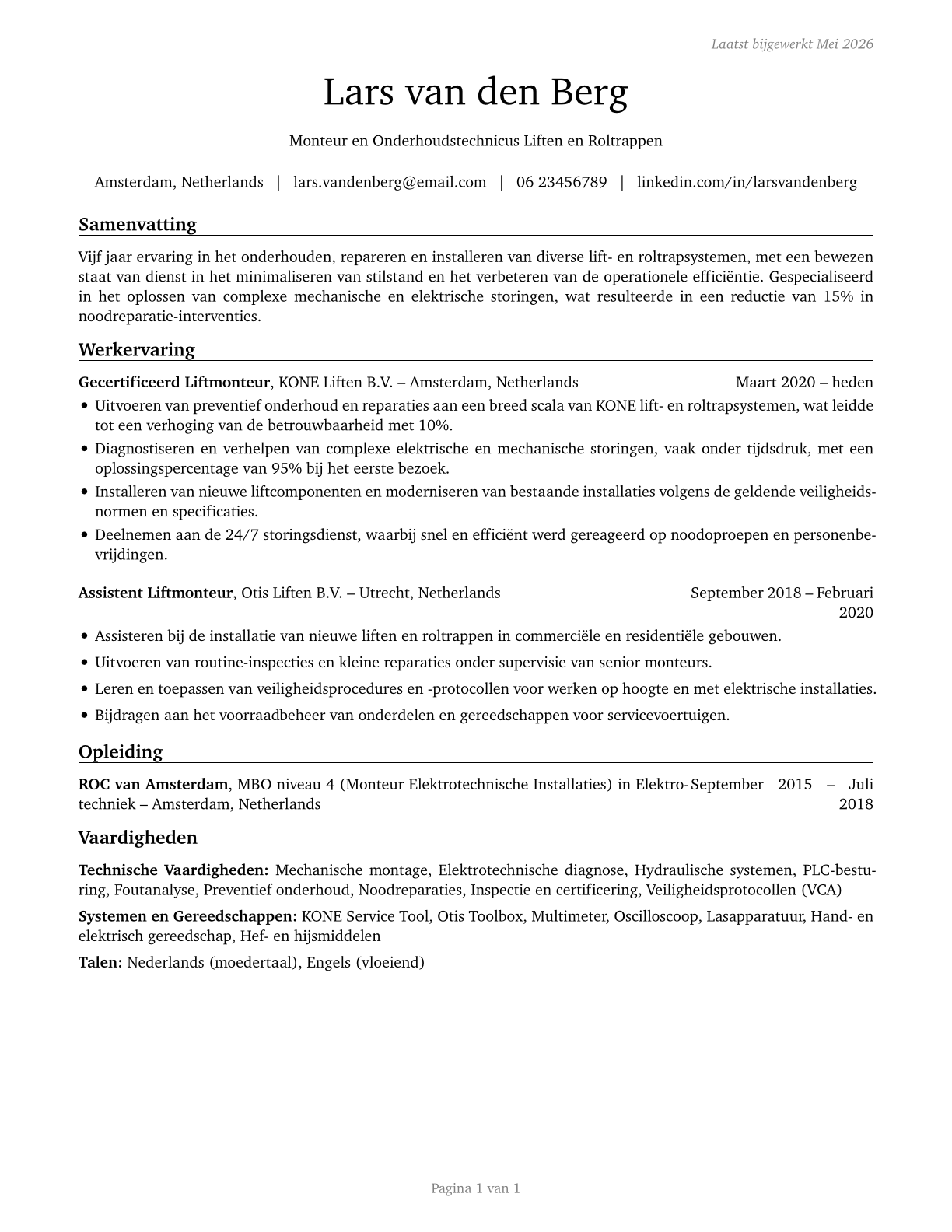 Elevator and Escalator Installers and Repairers CV in Dutch — page 1