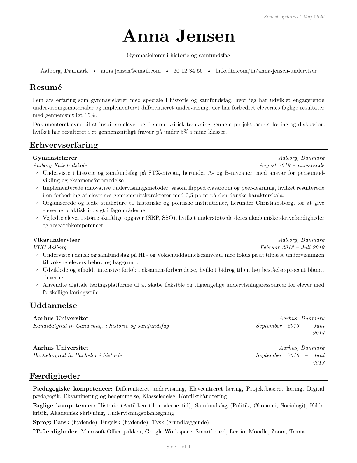 Secondary School Teachers, Except Special and Career/Technical Education CV in Danish — page 1