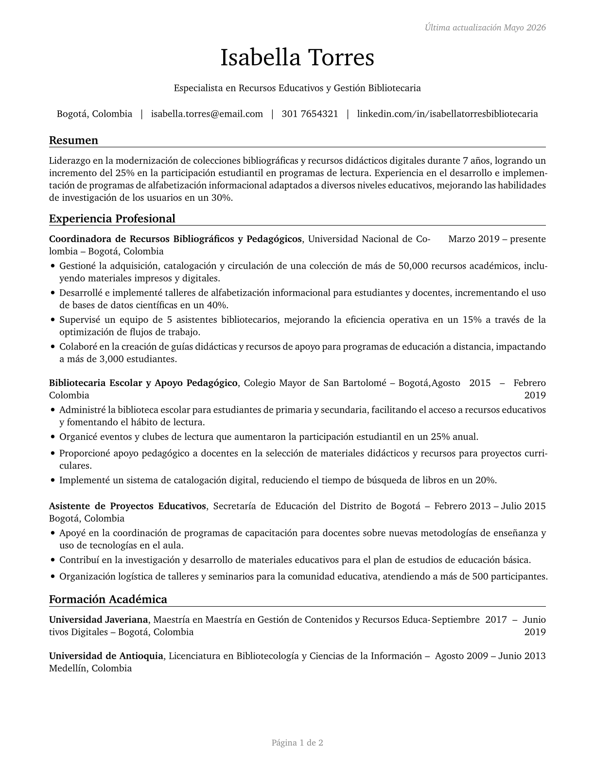 Educational Instruction and Library Workers, All Other CV in Spanish — page 1