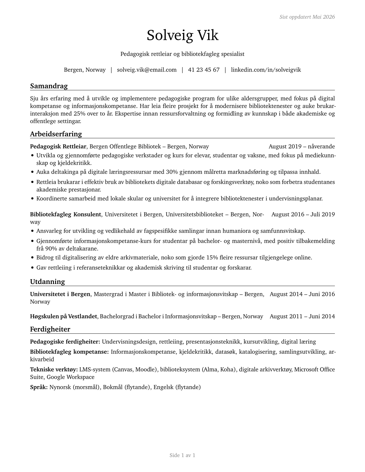 Educational Instruction and Library Workers, All Other CV in Norwegian_nynorsk — page 1