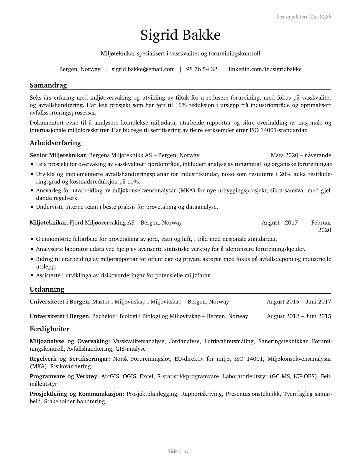 Environmental Science and Protection Technicians, Including Health CV in Norwegian_nynorsk — page 1