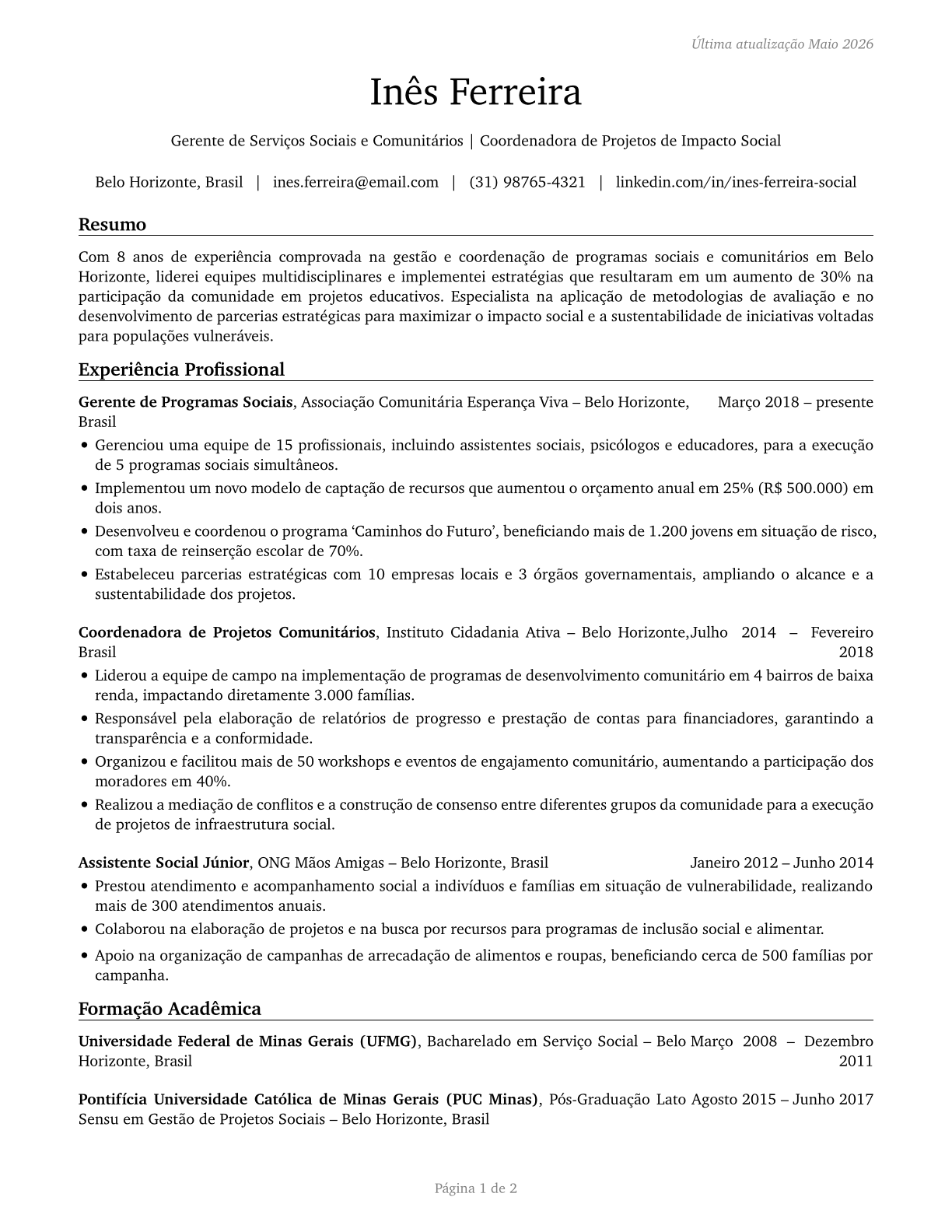 Social and Community Service Managers CV in Portuguese — page 1