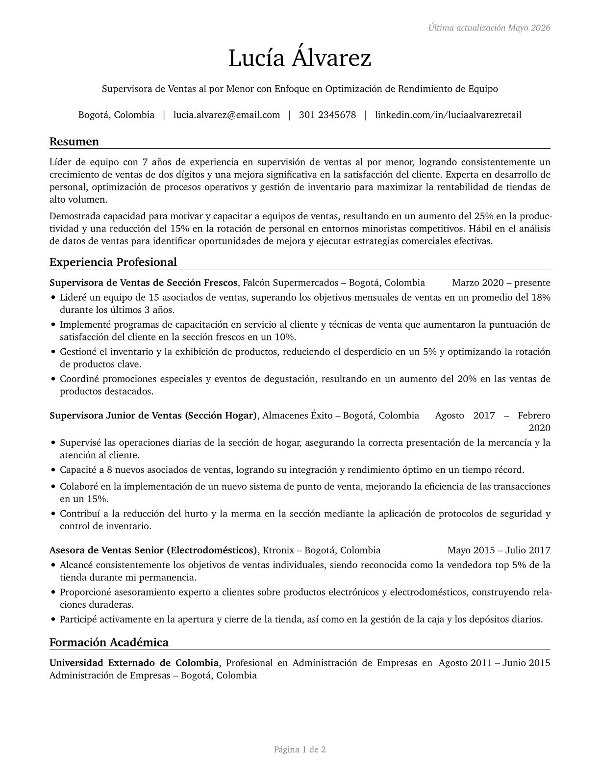 First-Line Supervisors of Retail Sales Workers CV in Spanish — page 1