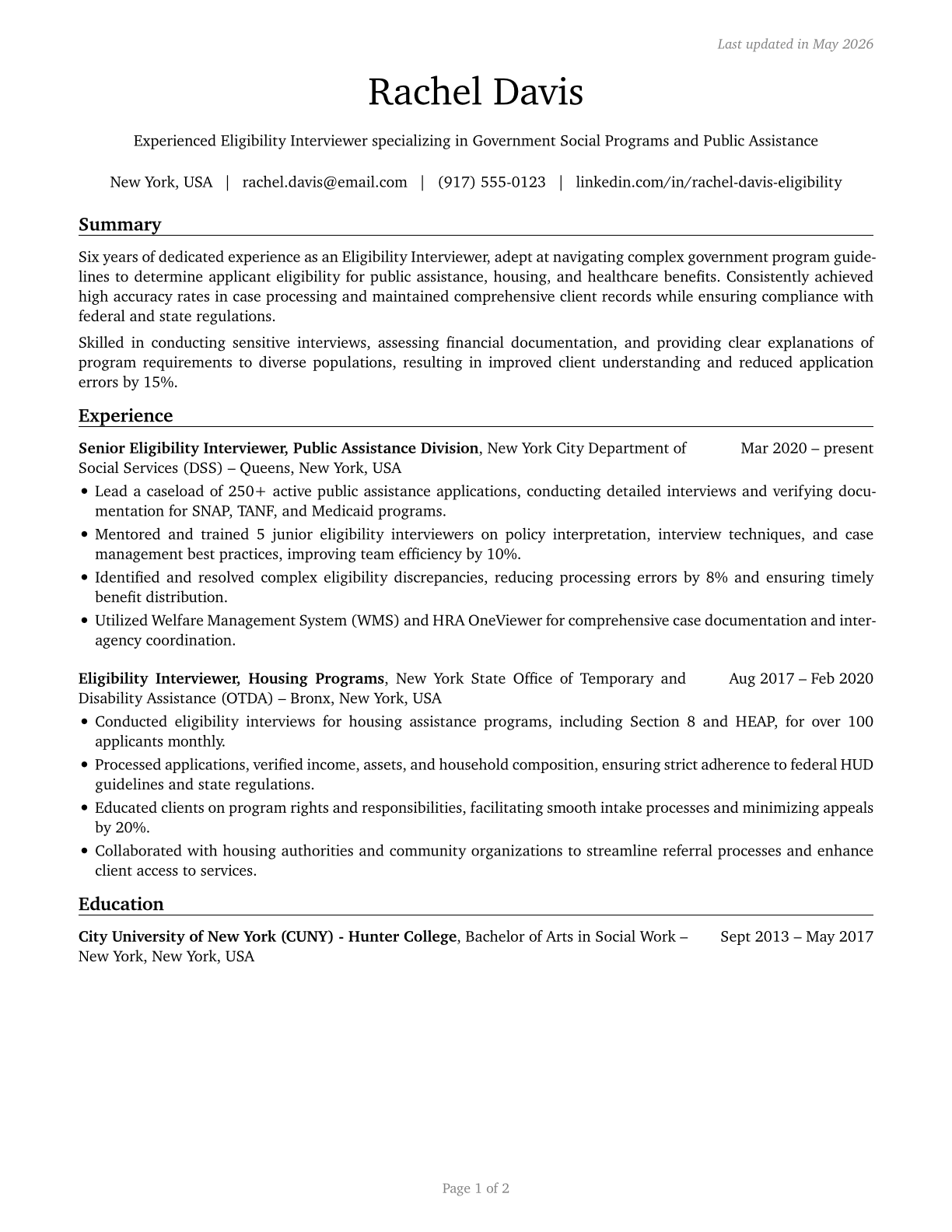 Eligibility Interviewers, Government Programs CV in English — page 1