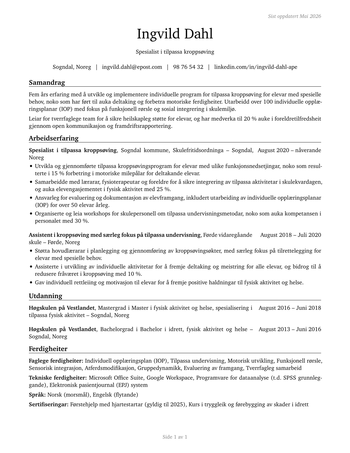 Adapted Physical Education Specialists CV in Norwegian_nynorsk — page 1