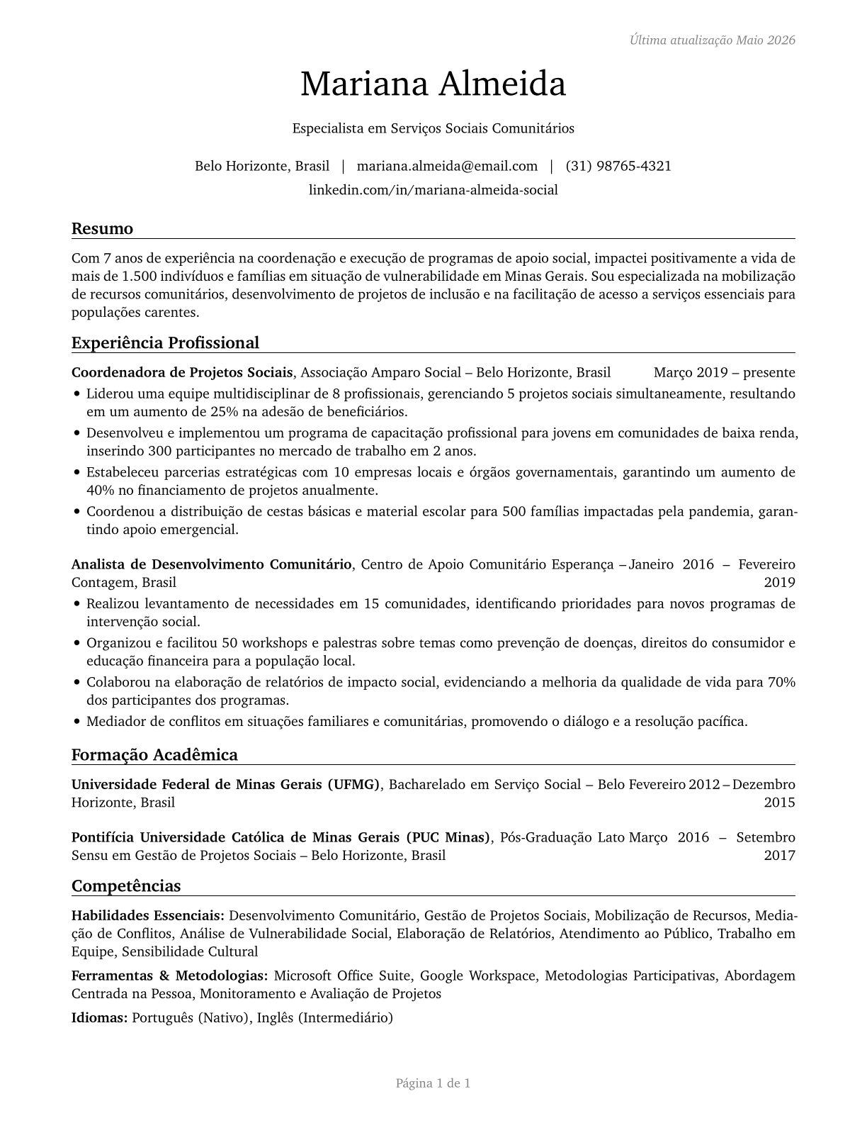 Community and Social Service Specialists, All Other CV in Portuguese — page 1