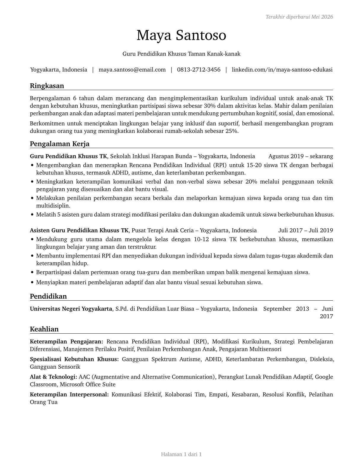 Special Education Teachers, Kindergarten CV in Indonesian — page 1