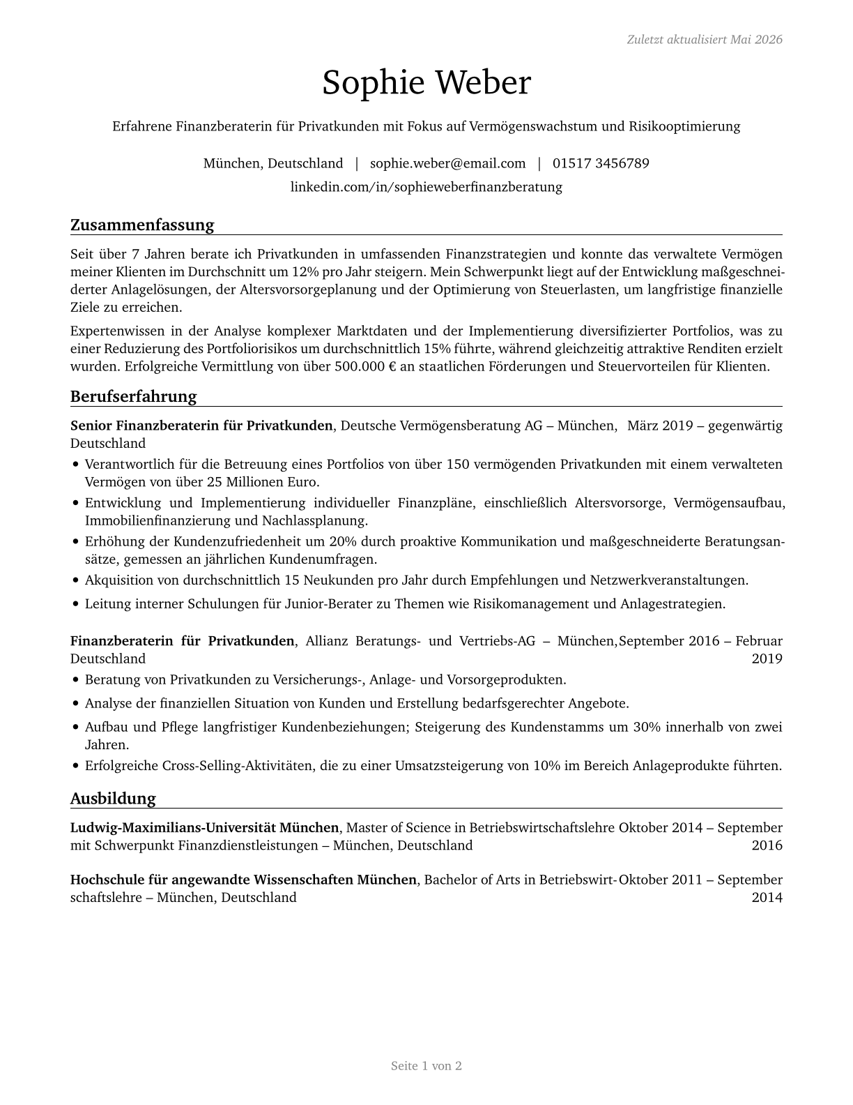 Personal Financial Advisors CV in German — page 1