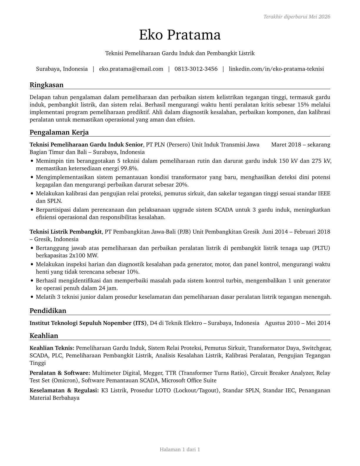 Electrical and Electronics Repairers, Powerhouse, Substation, and Relay CV in Indonesian — page 1