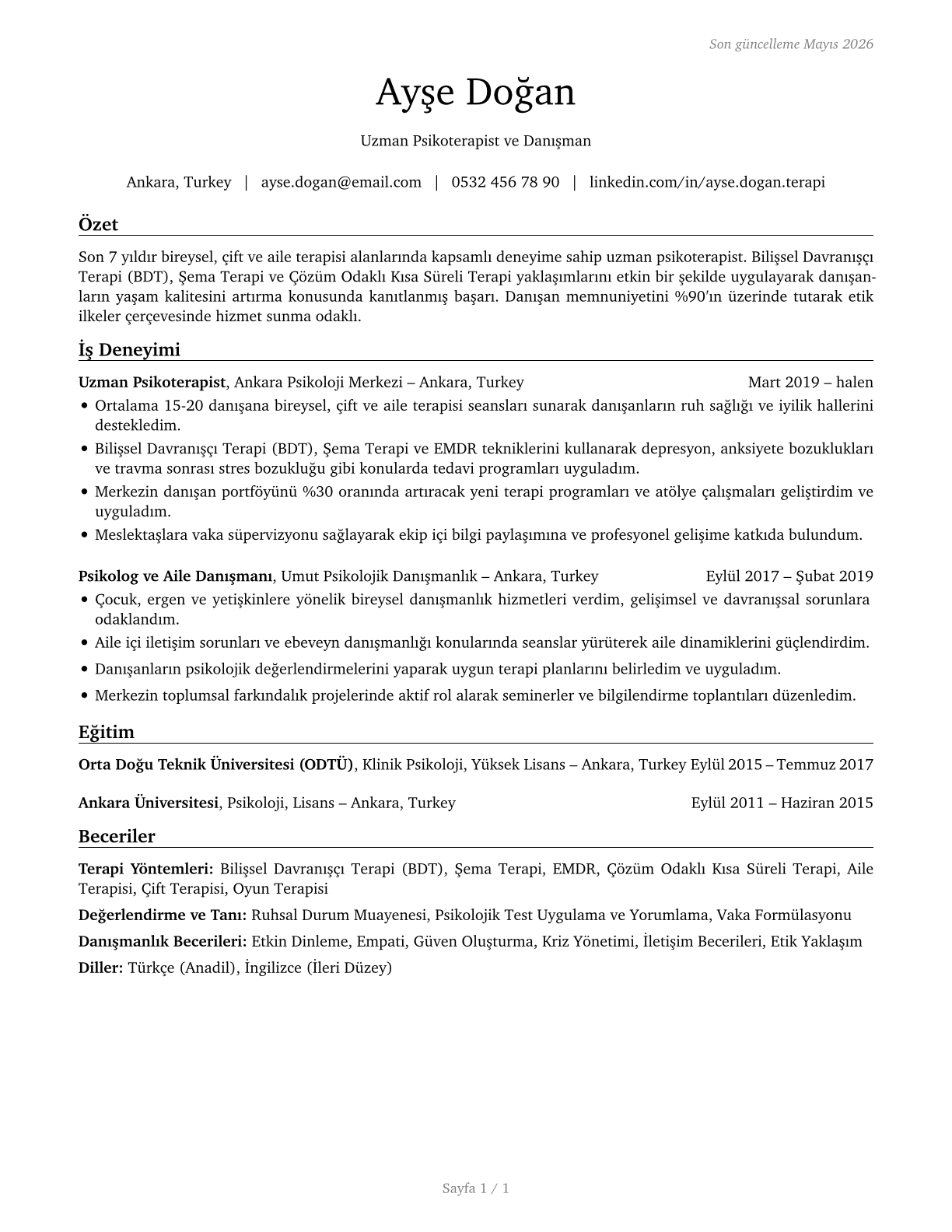 Therapists, All Other CV in Turkish — page 1