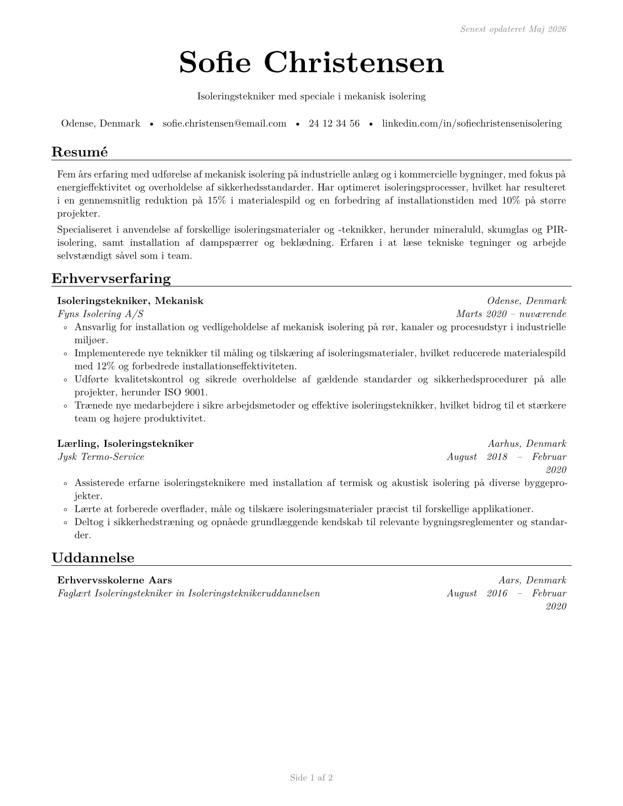 Insulation Workers, Mechanical CV in Danish — page 1