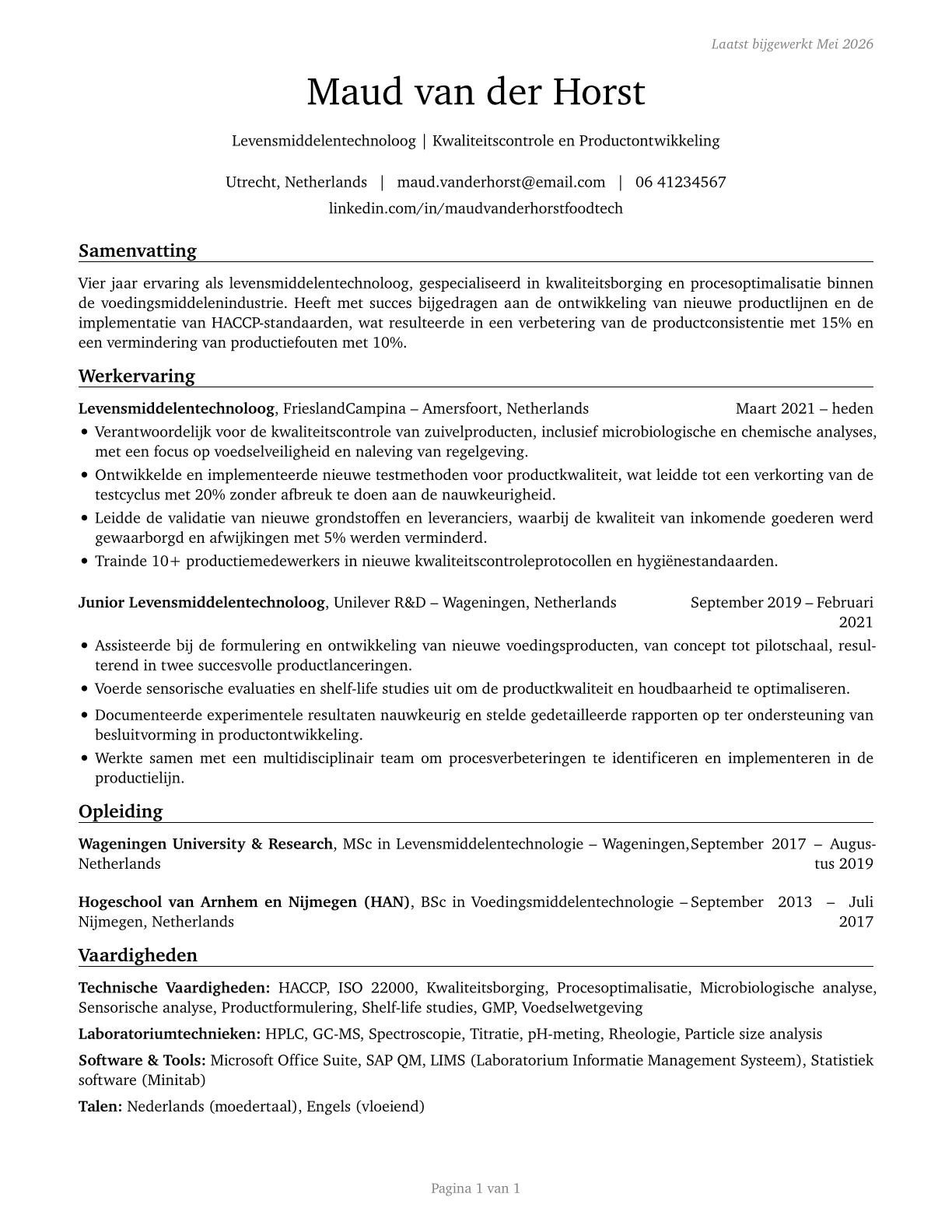 Food Science Technicians CV in Dutch — page 1