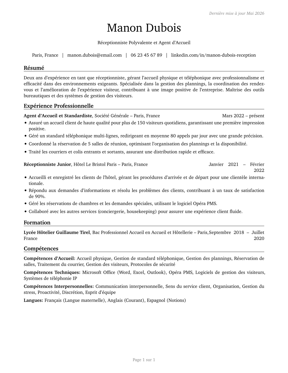 Receptionists and Information Clerks CV in French — page 1