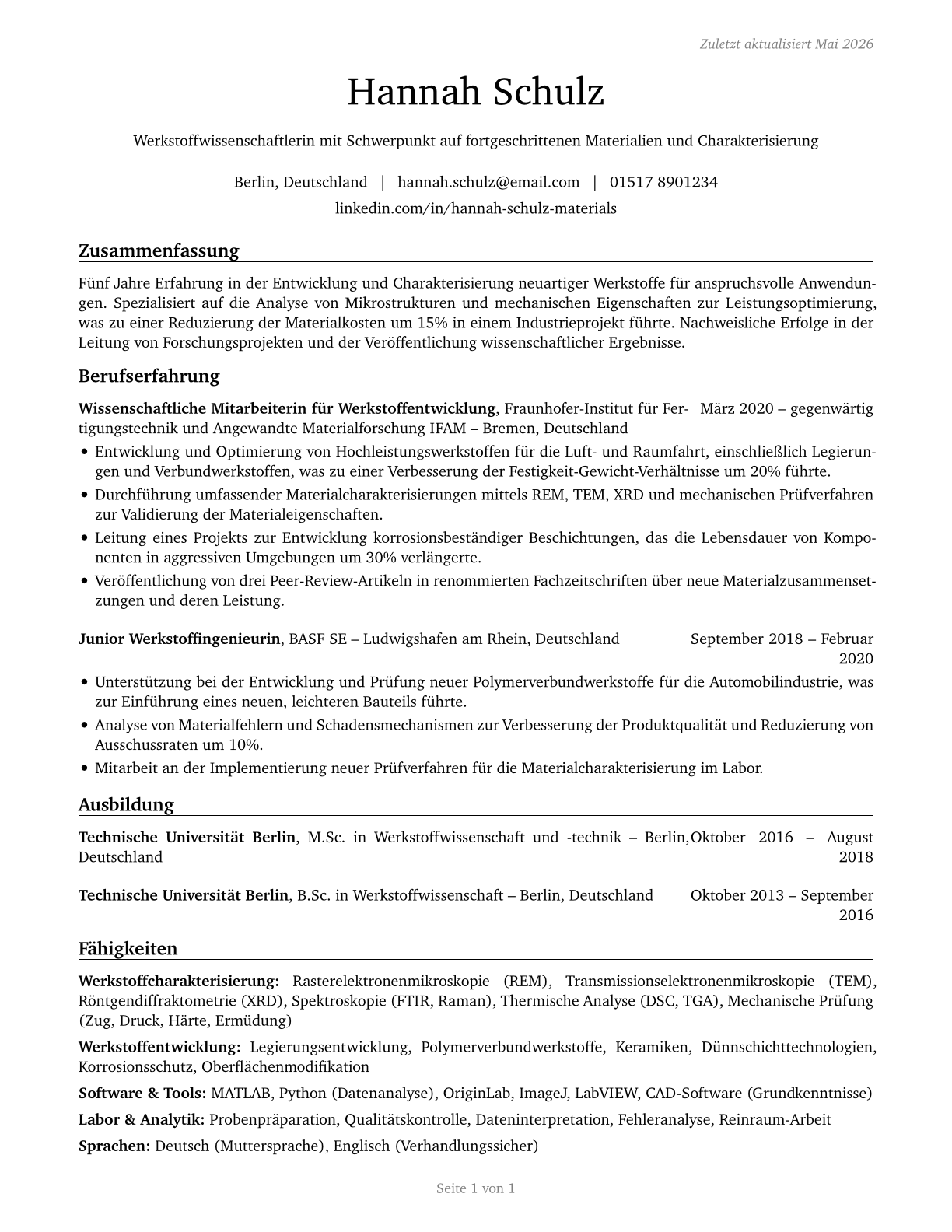 Materials Scientists CV in German — page 1