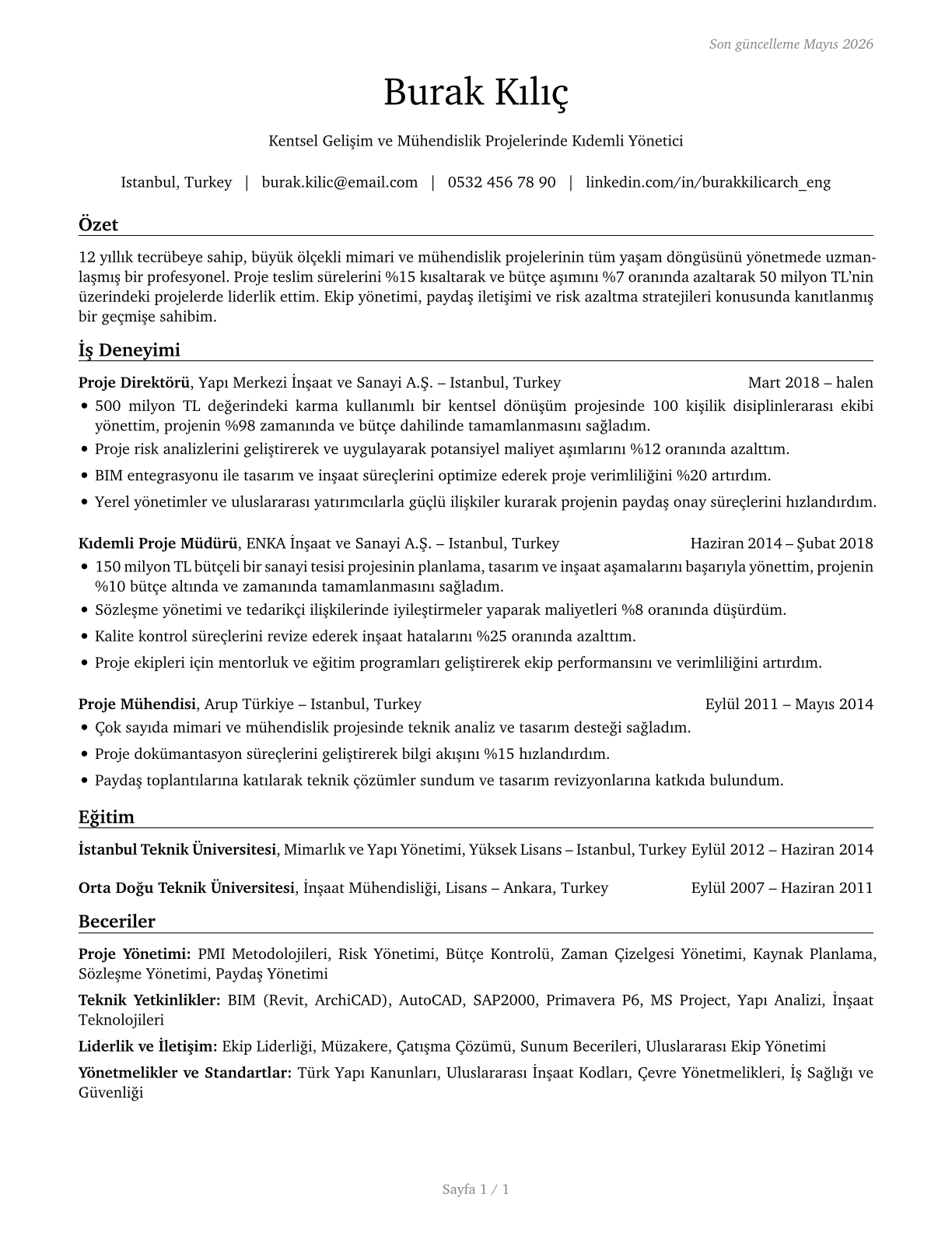 Architectural and Engineering Managers CV in Turkish — page 1
