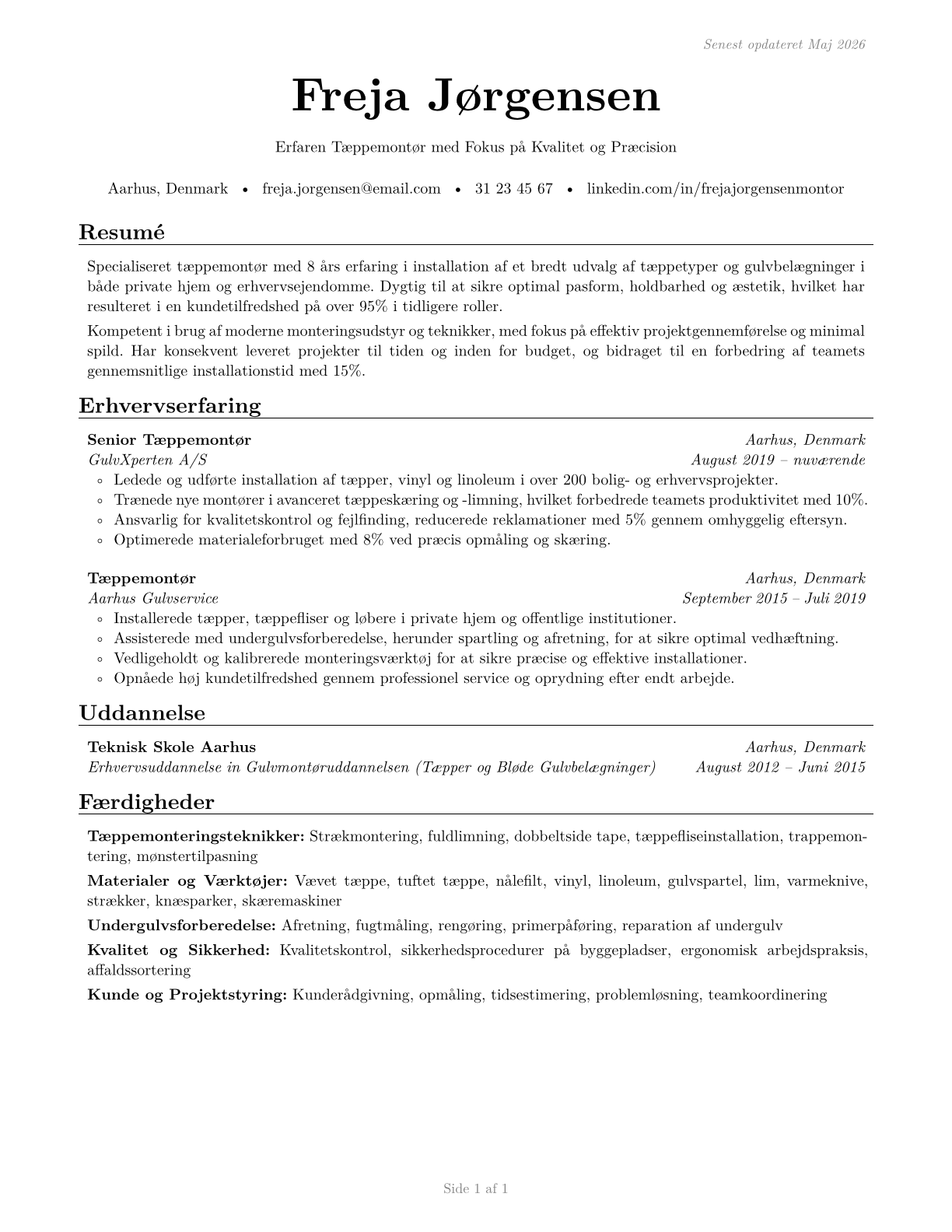 Carpet Installers CV in Danish — page 1