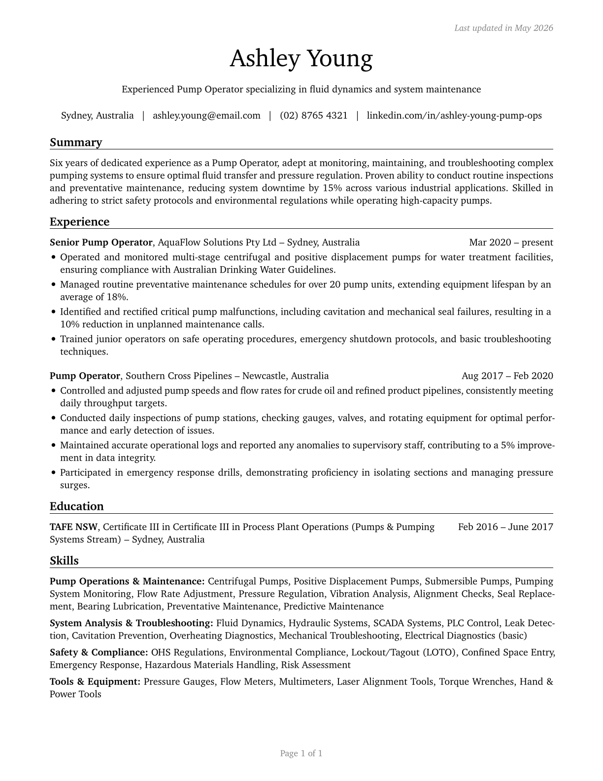 Pump Operators, Except Wellhead Pumpers CV in English — page 1