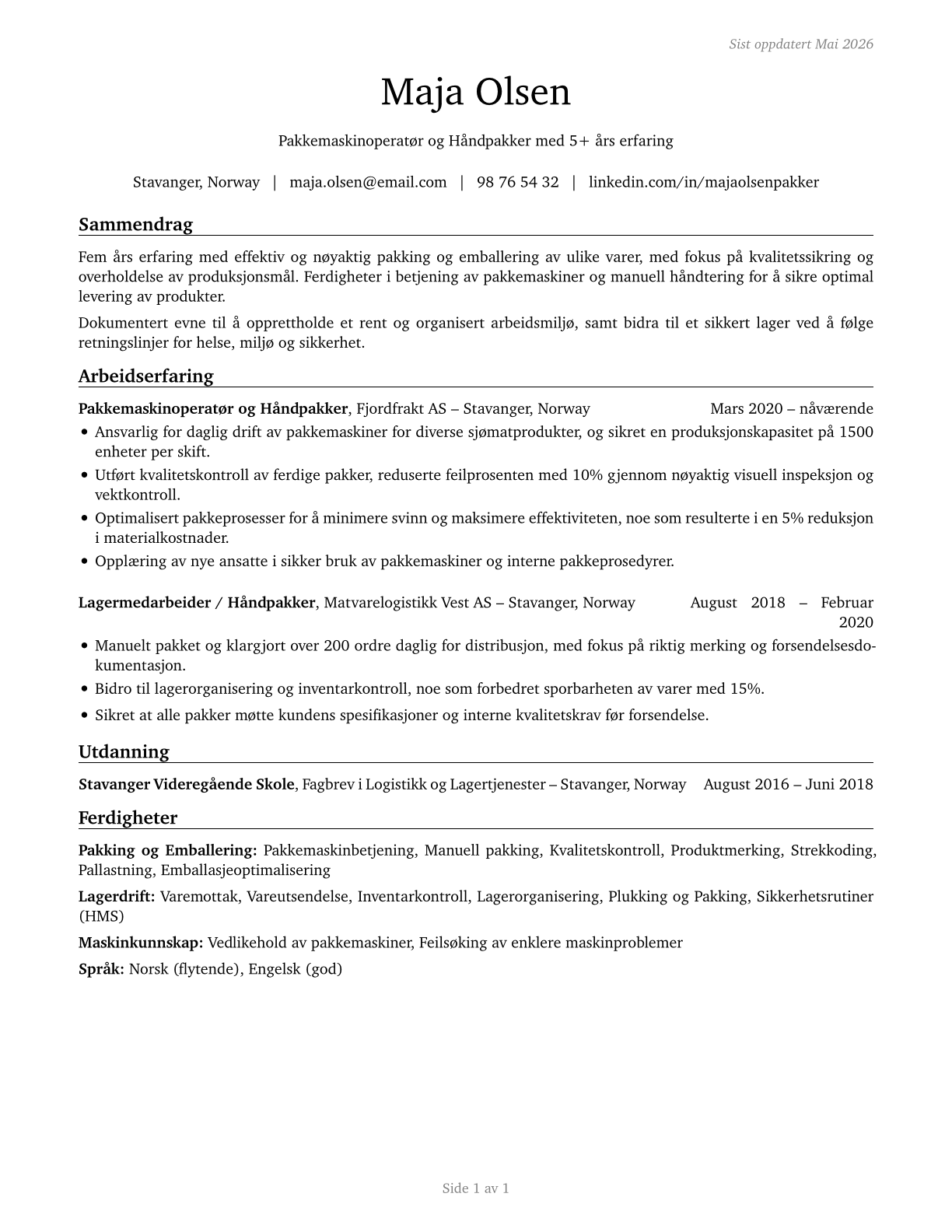 Packers and Packagers, Hand CV in Norwegian_bokmal — page 1