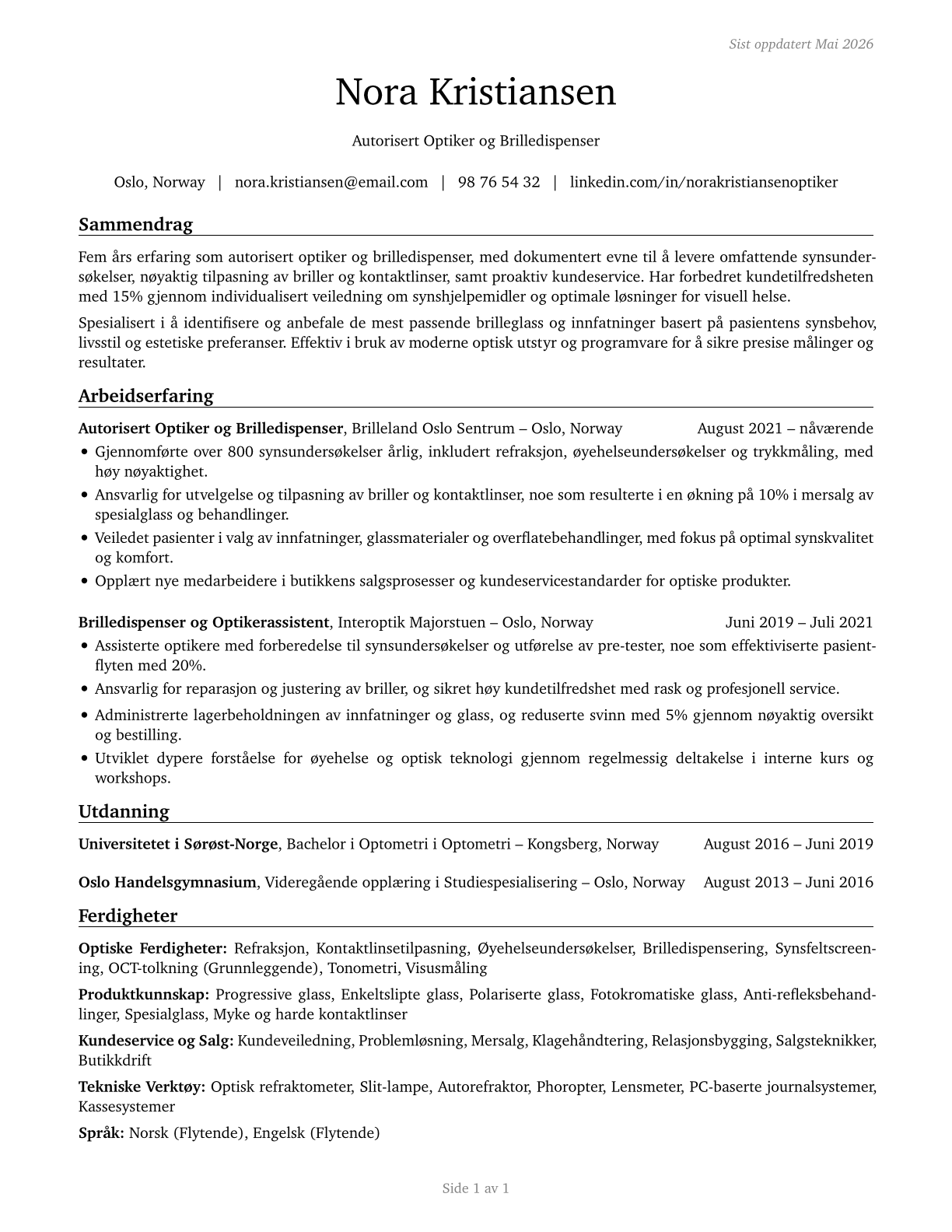 Opticians, Dispensing CV in Norwegian_bokmal — page 1