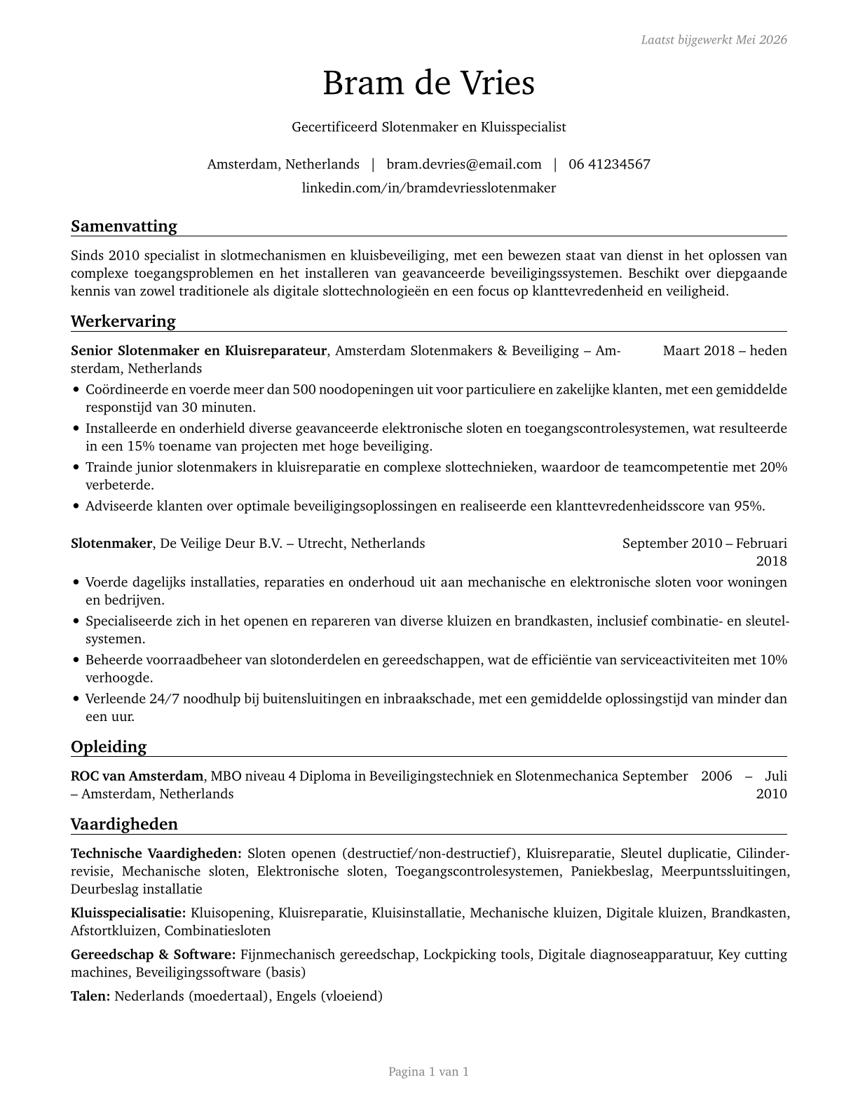 Locksmiths and Safe Repairers CV in Dutch — page 1