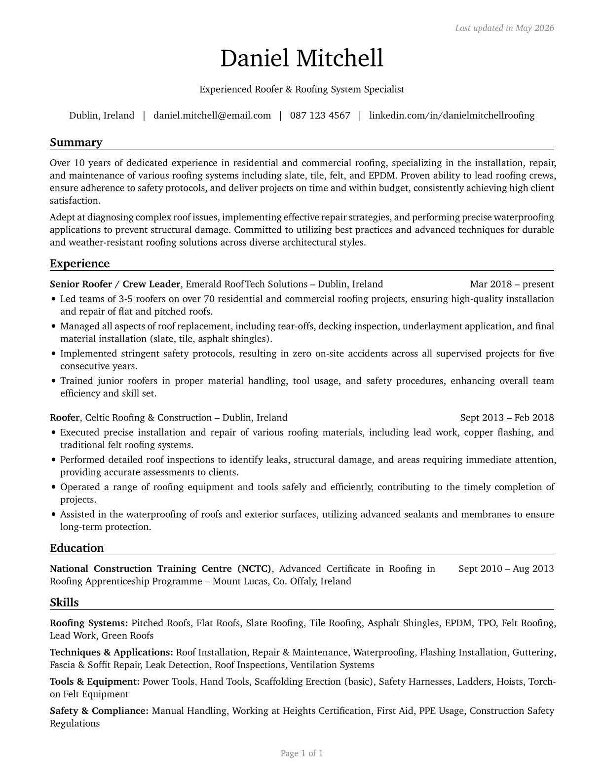 Roofers CV in English — page 1
