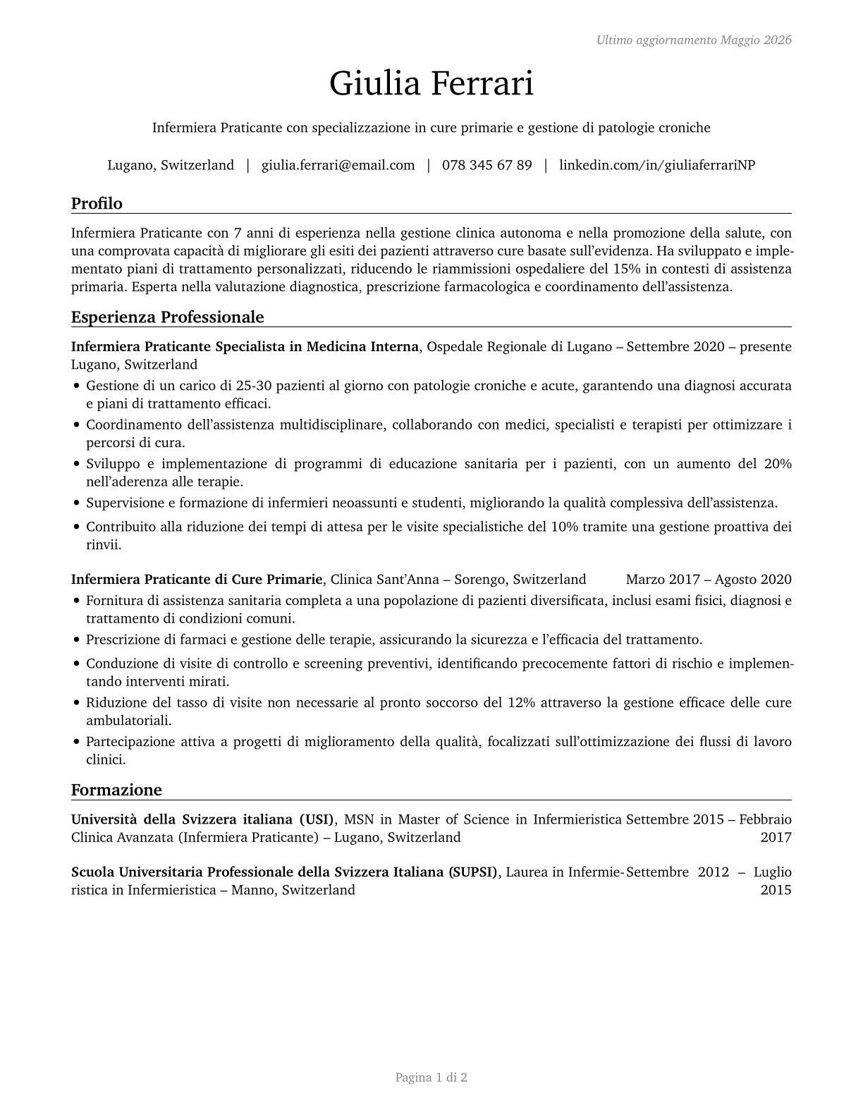 Nurse Practitioners CV in Italian — page 1