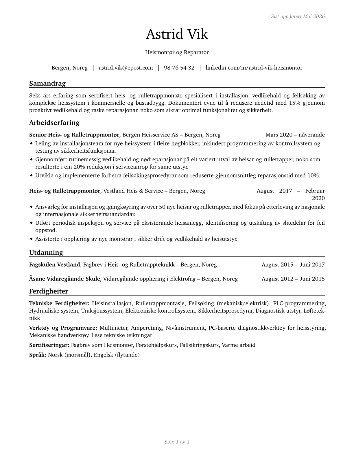 Elevator and Escalator Installers and Repairers CV in Norwegian_nynorsk — page 1