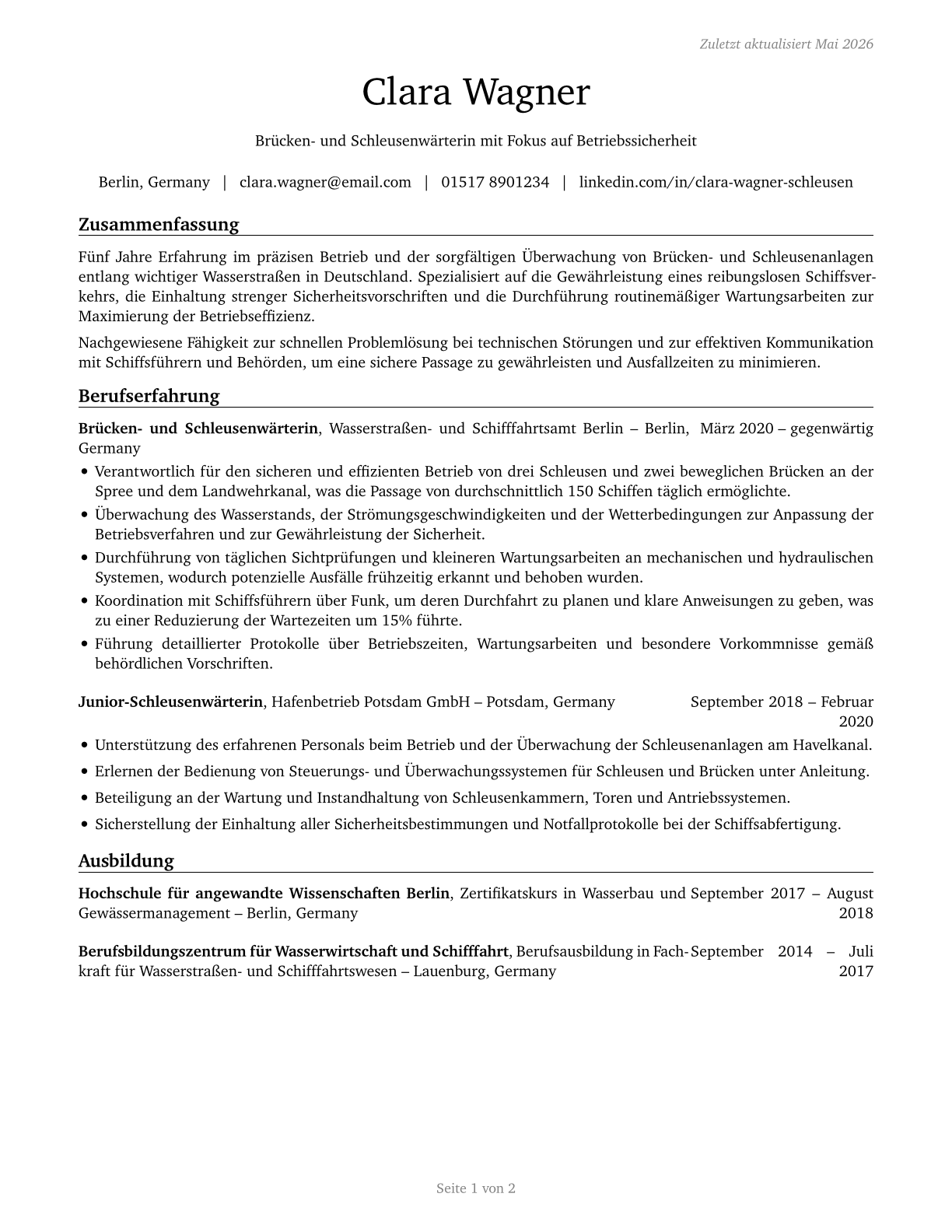 Bridge and Lock Tenders CV in German — page 1