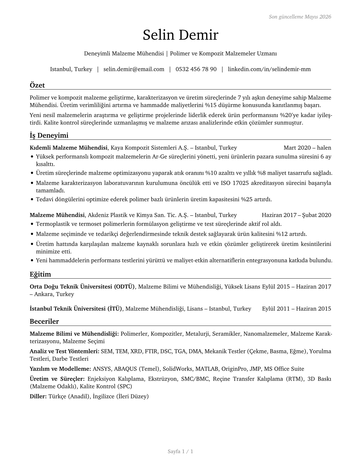 Materials Engineers CV in Turkish — page 1