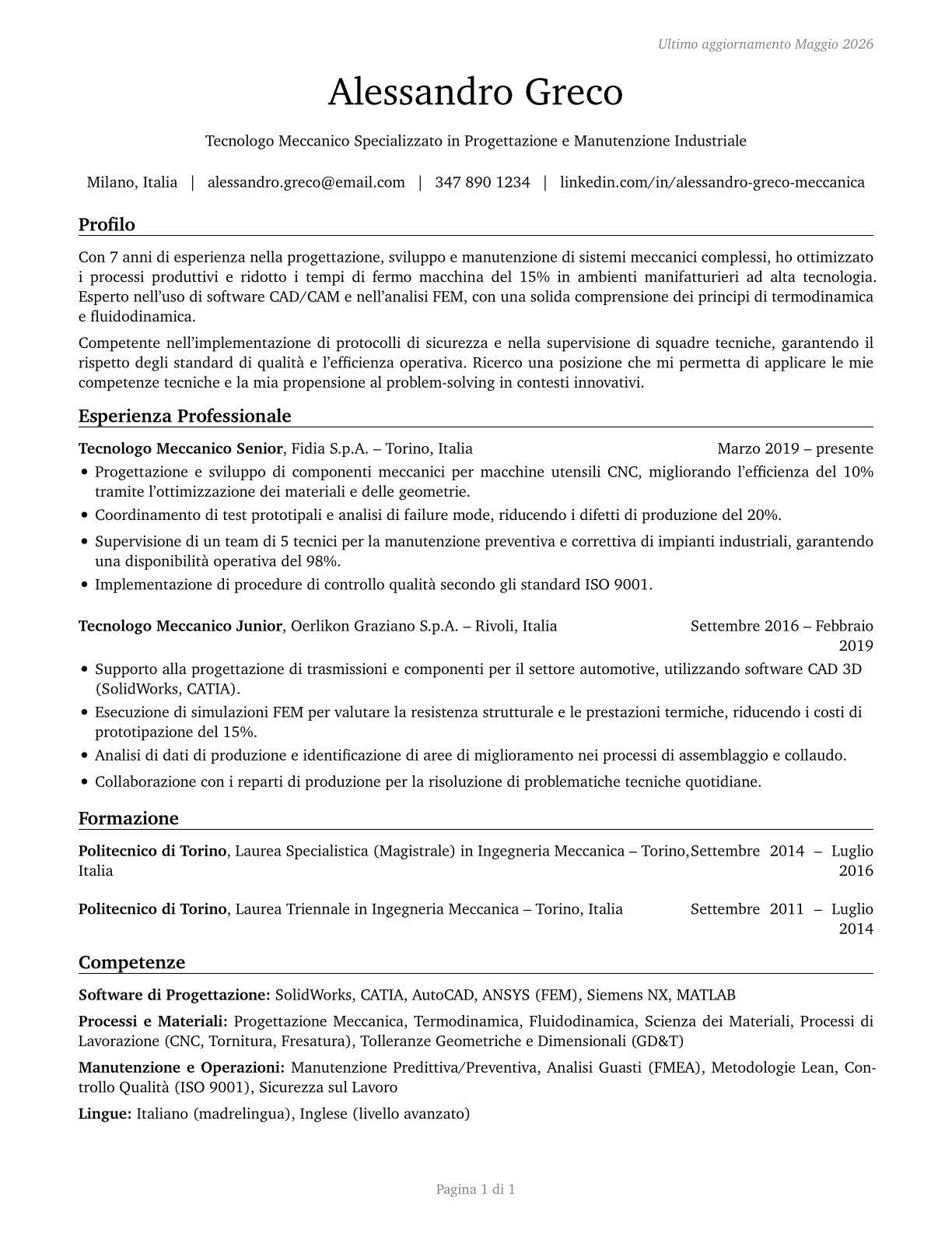 Mechanical Engineering Technologists and Technicians CV in Italian — page 1
