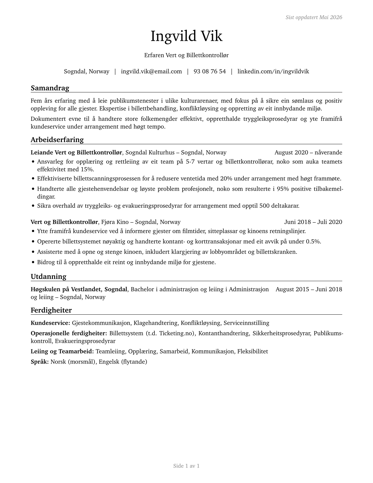 Ushers, Lobby Attendants, and Ticket Takers CV in Norwegian_nynorsk — page 1