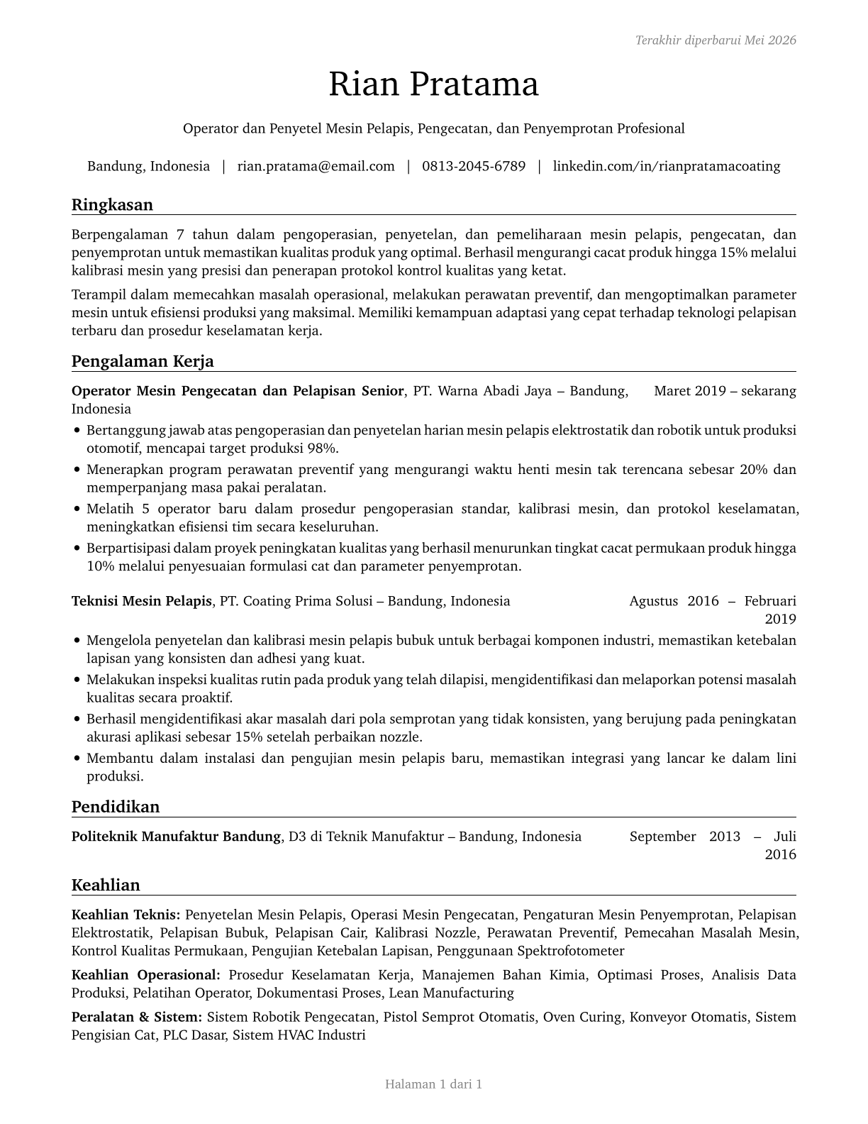 Coating, Painting, and Spraying Machine Setters, Operators, and Tenders CV in Indonesian — page 1