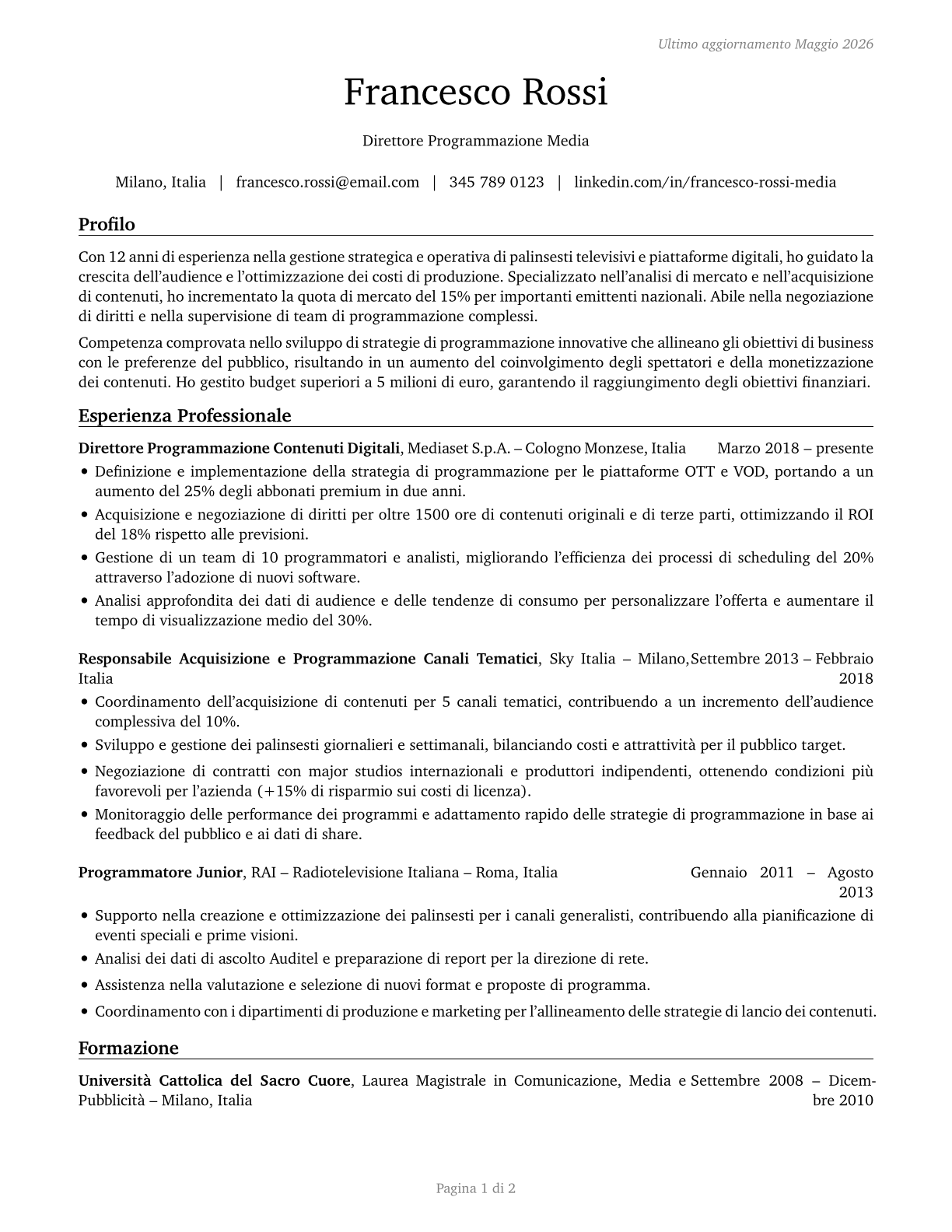 Media Programming Directors CV in Italian — page 1