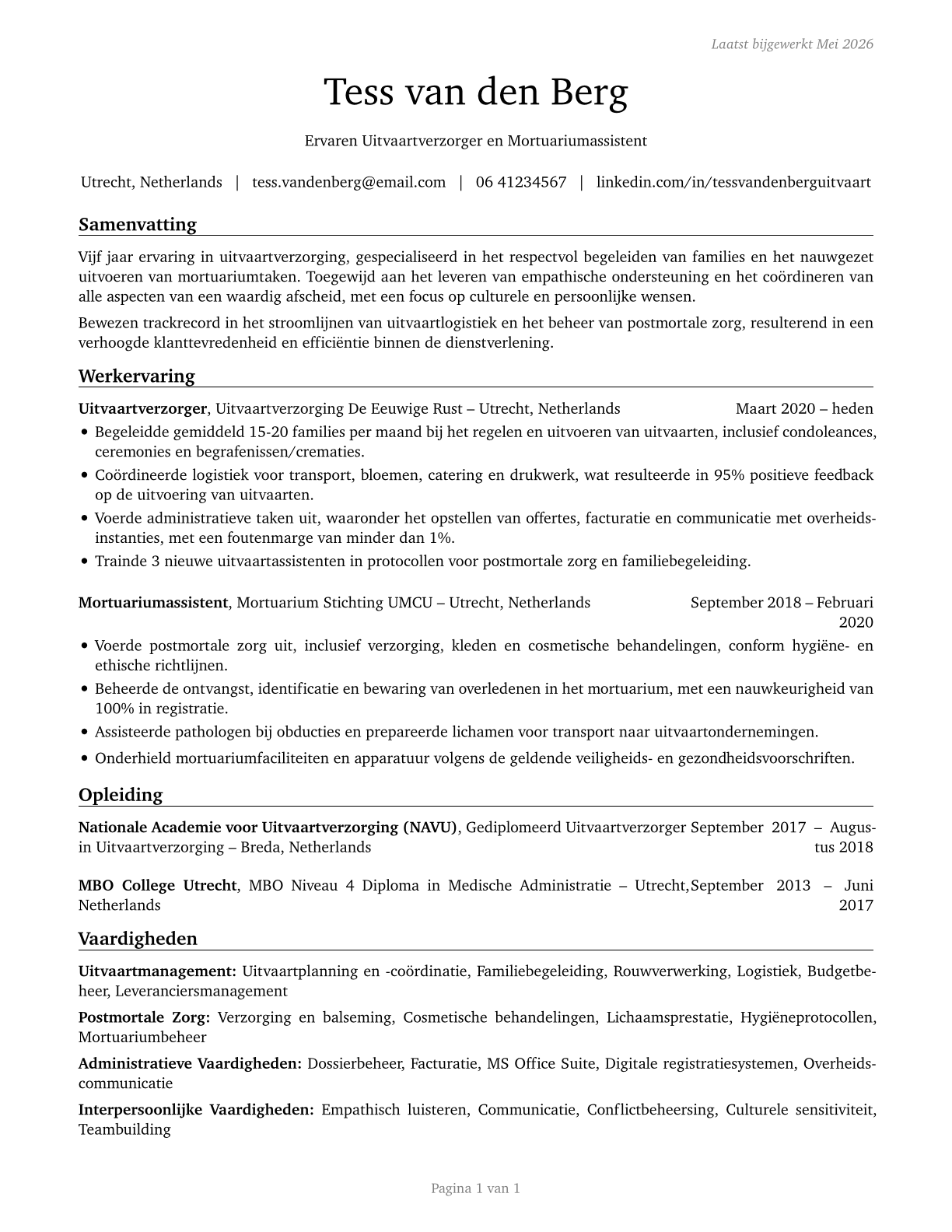 Morticians, Undertakers, and Funeral Arrangers CV in Dutch — page 1