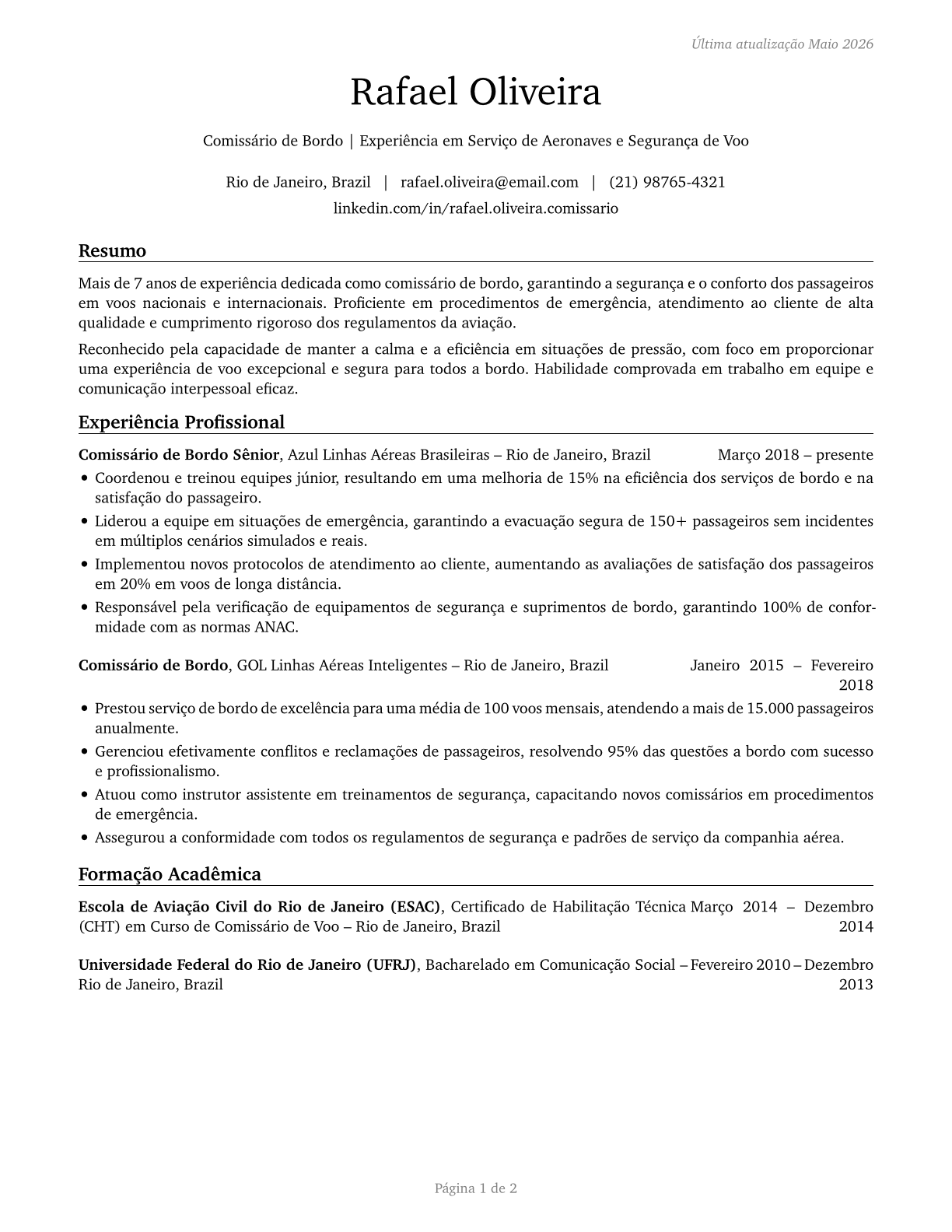 Aircraft Service Attendants CV in Portuguese — page 1