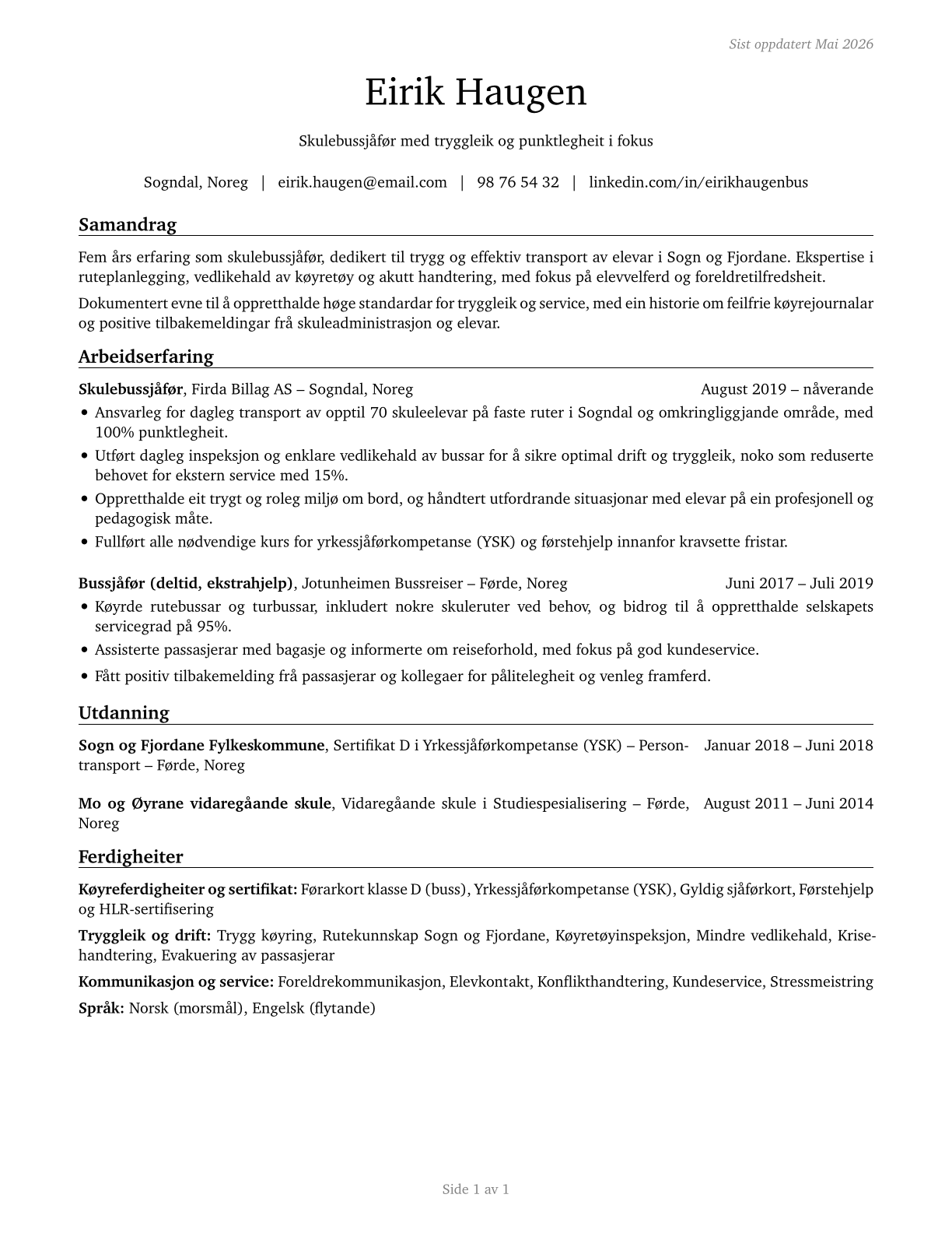 Bus Drivers, School CV in Norwegian_nynorsk — page 1