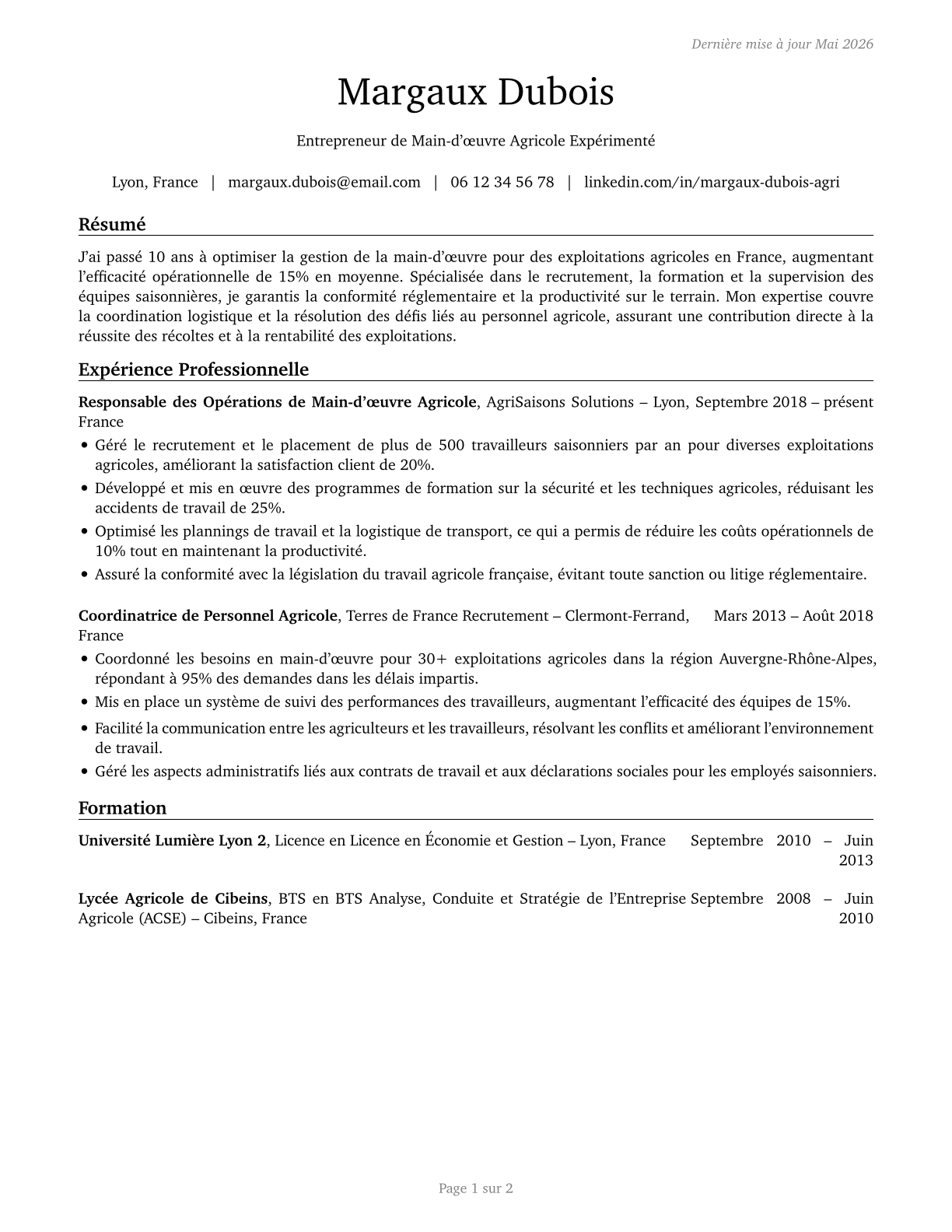 Farm Labor Contractors CV in French — page 1